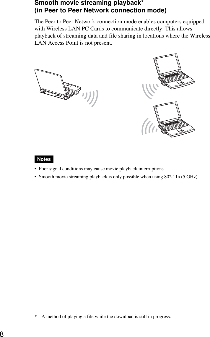 8Smooth movie streaming playback*(in Peer to Peer Network connection mode)The Peer to Peer Network connection mode enables computers equippedwith Wireless LAN PC Cards to communicate directly. This allowsplayback of streaming data and file sharing in locations where the WirelessLAN Access Point is not present.Notes•Poor signal conditions may cause movie playback interruptions.•Smooth movie streaming playback is only possible when using 802.11a (5 GHz).* A method of playing a file while the download is still in progress.