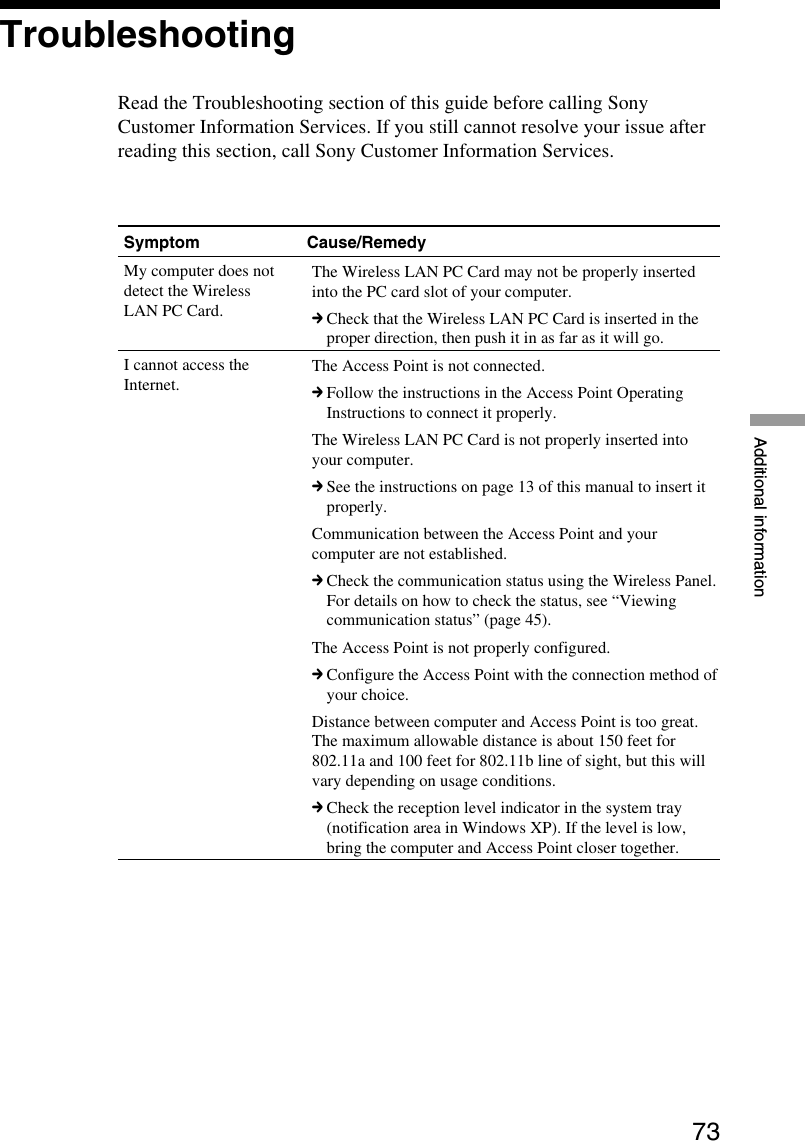 73Additional informationTroubleshootingRead the Troubleshooting section of this guide before calling SonyCustomer Information Services. If you still cannot resolve your issue afterreading this section, call Sony Customer Information Services.Symptom Cause/RemedyMy computer does notdetect the WirelessLAN PC Card.I cannot access theInternet.The Wireless LAN PC Card may not be properly insertedinto the PC card slot of your computer.cCheck that the Wireless LAN PC Card is inserted in theproper direction, then push it in as far as it will go.The Access Point is not connected.cFollow the instructions in the Access Point OperatingInstructions to connect it properly.The Wireless LAN PC Card is not properly inserted intoyour computer.cSee the instructions on page 13 of this manual to insert itproperly.Communication between the Access Point and yourcomputer are not established.cCheck the communication status using the Wireless Panel.For details on how to check the status, see “Viewingcommunication status” (page 45).The Access Point is not properly configured.cConfigure the Access Point with the connection method ofyour choice.Distance between computer and Access Point is too great.The maximum allowable distance is about 150 feet for802.11a and 100 feet for 802.11b line of sight, but this willvary depending on usage conditions.cCheck the reception level indicator in the system tray(notification area in Windows XP). If the level is low,bring the computer and Access Point closer together.