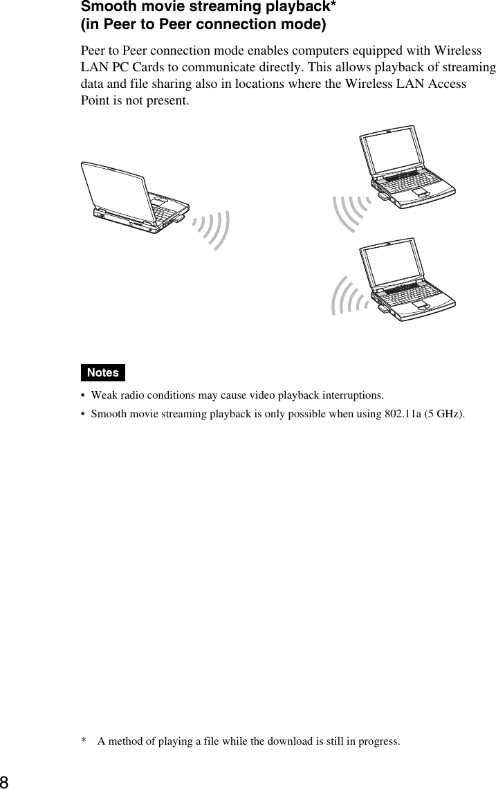 8Smooth movie streaming playback*(in Peer to Peer connection mode)Peer to Peer connection mode enables computers equipped with WirelessLAN PC Cards to communicate directly. This allows playback of streamingdata and file sharing also in locations where the Wireless LAN AccessPoint is not present.Notes•Weak radio conditions may cause video playback interruptions.•Smooth movie streaming playback is only possible when using 802.11a (5 GHz).* A method of playing a file while the download is still in progress.