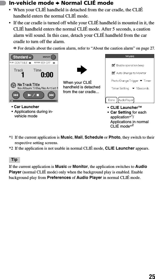 25In-vehicle mode b Normal CLIÉ mode• When your CLIÉ handheld is detached from the car cradle, the CLIÉ handheld enters the normal CLIÉ mode.• If the car cradle is turned off while your CLIÉ handheld is mounted in it, the CLIÉ handheld enters the normal CLIÉ mode. After 5 seconds, a caution alarm will sound. In this case, detach your CLIÉ handheld from the car cradle to turn off the alarm.bFor details about the caution alarm, refer to “About the caution alarm” on page 27.*1 If the current application is Music, Mail, Schedule or Photo, they switch to their respective setting screens.*2 If the application is not usable in normal CLIÉ mode, CLIE Launcher appears.TipIf the current application is Music or Monitor, the application switches to Audio Player (normal CLIÉ mode) only when the background play is enabled. Enable background play from Preferences of Audio Player in normal CLIÉ mode.• Car Launcher• Applications during in-vehicle modeb•CLIE Launcher™ •Car Setting for each application*1/Applications in normal CLIÉ mode*2When your CLIÉ handheld is detached from the car cradle...