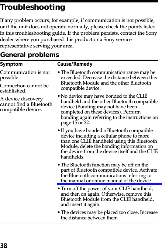 38TroubleshootingIf any problem occurs, for example, if communication is not possible,or if the unit does not operate normally, please check the points listedin this troubleshooting guide. If the problem persists, contact the Sonydealer where you purchased this product or a Sony servicerepresentative serving your area.General problemsSymptomCommunication is notpossible.Connection cannot beestablished.A device discoverycannot find a Bluetoothcompatible device.Cause/Remedy•The Bluetooth communication range may beexceeded. Decrease the distance between thisBluetooth Module and the other Bluetoothcompatible device.•No device may have bonded to the CLIÉhandheld and the other Bluetooth compatibledevice (Bonding may not have beencompleted on these devices). Performbonding again referring to the instructions onpage 15 or 22.•If you have bonded a Bluetooth compatibledevice including a cellular phone to morethan one CLIÉ handheld using this BluetoothModule, delete the bonding information onthe device from the device itself and the CLIÉhandhelds.•The Bluetooth function may be off on thepart of Bluetooth compatible device. Activatethe Bluetooth communications referring tothe manual or online manual of the device.•Turn off the power of your CLIÉ handheld,and then on again. Otherwise, remove thisBluetooth Module from the CLIÉ handheld,and insert it again.•The devices may be placed too close. Increasethe distance between them.