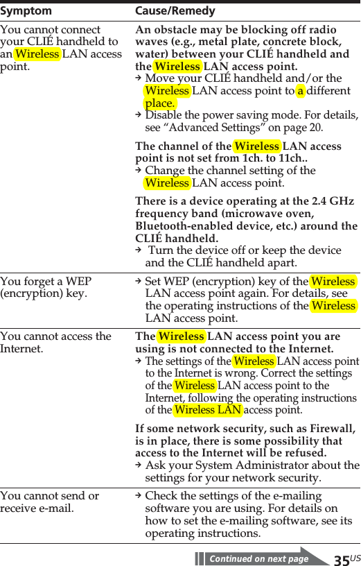 35USSymptomYou cannot connectyour CLIÉ handheld toan Wireless LAN accesspoint.You forget a WEP(encryption) key.You cannot access theInternet.You cannot send orreceive e-mail.Cause/RemedyAn obstacle may be blocking off radiowaves (e.g., metal plate, concrete block,water) between your CLIÉ handheld andthe Wireless LAN access point.pMove your CLIÉ handheld and/or theWireless LAN access point to a differentplace.pDisable the power saving mode. For details,see “Advanced Settings” on page 20.The channel of the Wireless LAN accesspoint is not set from 1ch. to 11ch..pChange the channel setting of theWireless LAN access point.There is a device operating at the 2.4 GHzfrequency band (microwave oven,Bluetooth-enabled device, etc.) around theCLIÉ handheld.p Turn the device off or keep the deviceand the CLIÉ handheld apart.pSet WEP (encryption) key of the WirelessLAN access point again. For details, seethe operating instructions of the WirelessLAN access point.The Wireless LAN access point you areusing is not connected to the Internet.pThe settings of the Wireless LAN access pointto the Internet is wrong. Correct the settingsof the Wireless LAN access point to theInternet, following the operating instructionsof the Wireless LAN access point.If some network security, such as Firewall,is in place, there is some possibility thataccess to the Internet will be refused.pAsk your System Administrator about thesettings for your network security.pCheck the settings of the e-mailingsoftware you are using. For details onhow to set the e-mailing software, see itsoperating instructions.Continued on next page