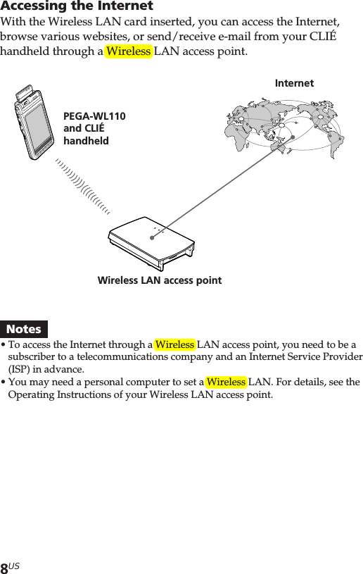 8USAccessing the InternetWith the Wireless LAN card inserted, you can access the Internet,browse various websites, or send/receive e-mail from your CLIÉhandheld through a Wireless LAN access point.Notes•To access the Internet through a Wireless LAN access point, you need to be asubscriber to a telecommunications company and an Internet Service Provider(ISP) in advance.•You may need a personal computer to set a Wireless LAN. For details, see theOperating Instructions of your Wireless LAN access point.PEGA-WL110and CLIÉhandheldInternetWireless LAN access point