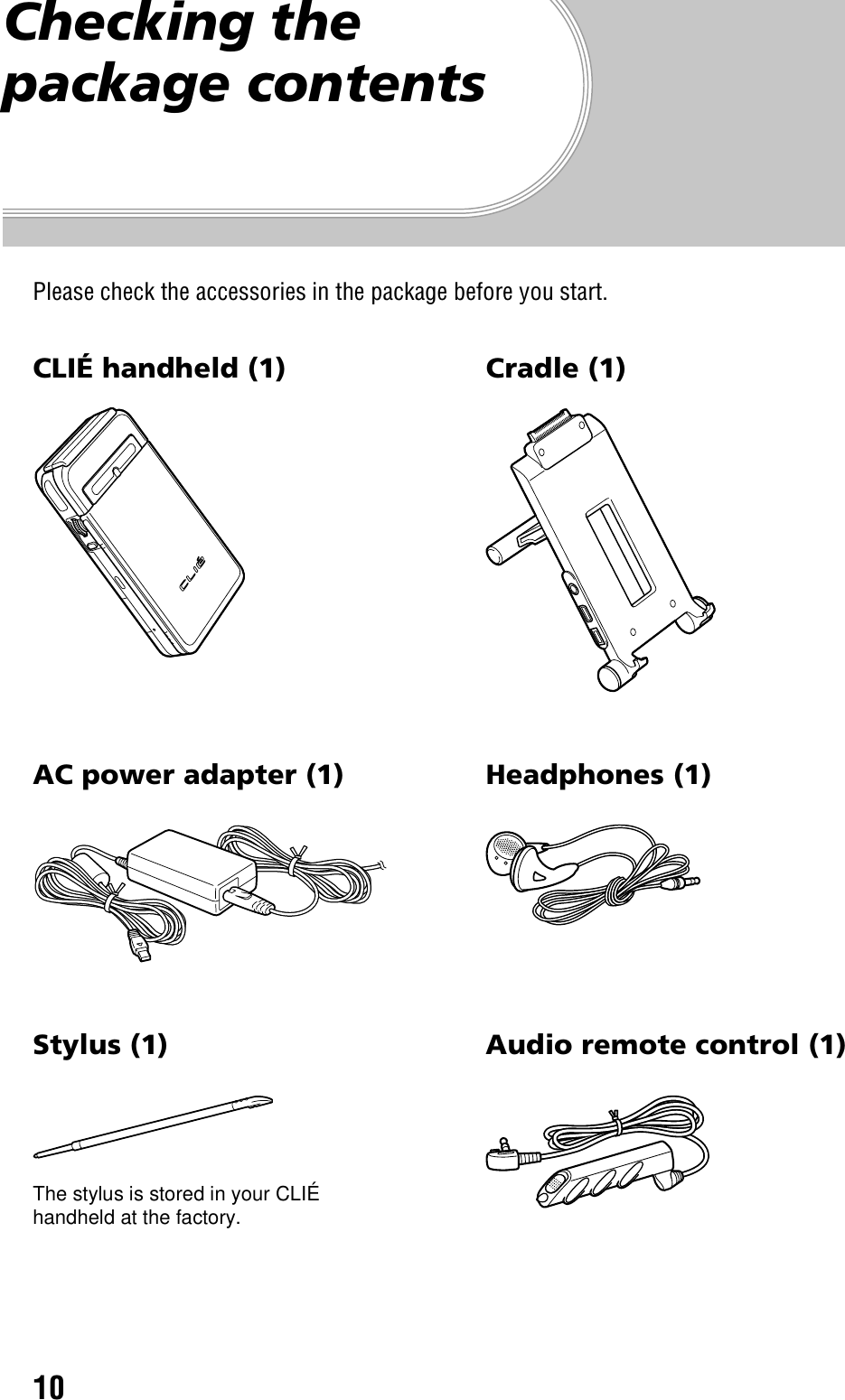 10Checking the package contentsPlease check the accessories in the package before you start.CLIÉ handheld (1) Cradle (1)AC power adapter (1) Headphones (1)Stylus (1) Audio remote control (1)The stylus is stored in your CLIÉ handheld at the factory.