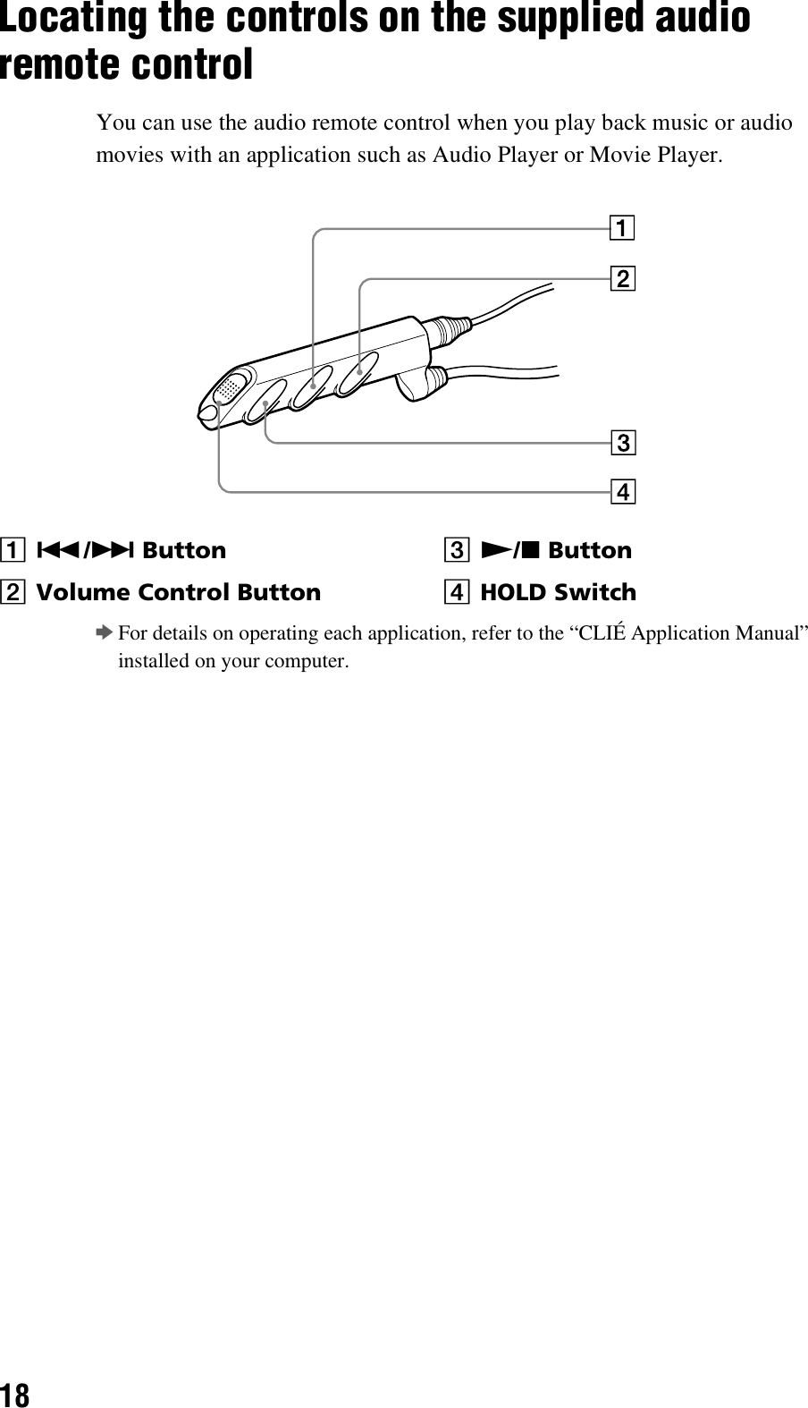 18Locating the controls on the supplied audio remote controlYou can use the audio remote control when you play back music or audio movies with an application such as Audio Player or Movie Player.bFor details on operating each application, refer to the “CLIÉ Application Manual” installed on your computer.A./&gt; ButtonBVolume Control ButtonCN/x ButtonDHOLD Switch