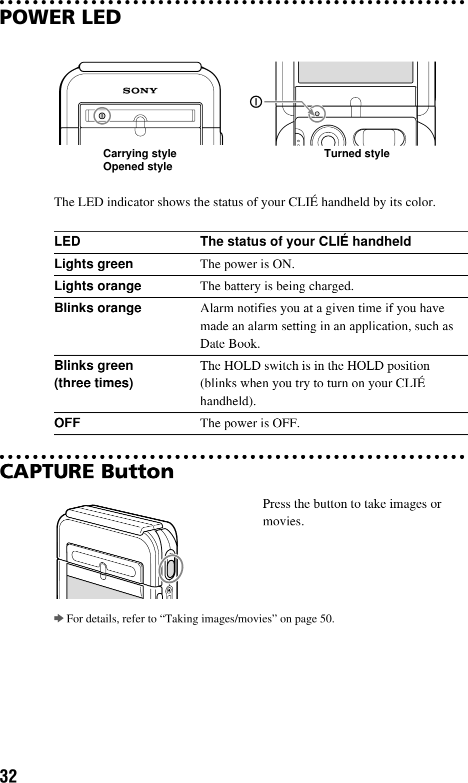 32POWER LEDCAPTURE ButtonbFor details, refer to “Taking images/movies” on page 50.The LED indicator shows the status of your CLIÉ handheld by its color.LED The status of your CLIÉ handheldLights green The power is ON.Lights orange The battery is being charged.Blinks orange Alarm notifies you at a given time if you have made an alarm setting in an application, such as Date Book.Blinks green (three times)The HOLD switch is in the HOLD position(blinks when you try to turn on your CLIÉ handheld).OFF The power is OFF.Press the button to take images or movies.Carrying styleOpened style Turned style