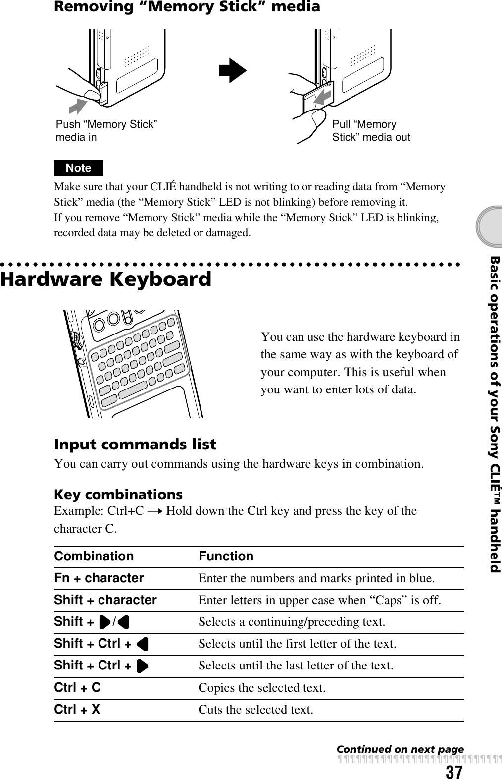 37Basic operations of your Sony CLIÉ™ handheldRemoving “Memory Stick” mediaNoteMake sure that your CLIÉ handheld is not writing to or reading data from “Memory Stick” media (the “Memory Stick” LED is not blinking) before removing it.If you remove “Memory Stick” media while the “Memory Stick” LED is blinking, recorded data may be deleted or damaged.Hardware KeyboardInput commands listYou can carry out commands using the hardware keys in combination.Key combinationsExample: Ctrl+C t Hold down the Ctrl key and press the key of the character C.You can use the hardware keyboard in the same way as with the keyboard of your computer. This is useful when you want to enter lots of data.Combination FunctionFn + character Enter the numbers and marks printed in blue.Shift + character Enter letters in upper case when “Caps” is off.Shift +  / Selects a continuing/preceding text.Shift + Ctrl +  Selects until the first letter of the text.Shift + Ctrl +  Selects until the last letter of the text.Ctrl + C Copies the selected text.Ctrl + X Cuts the selected text.bPull “Memory Stick” media outPush “Memory Stick” media inContinued on next pagexxxxxxxxxxxxxxxxxxxxxxxxxxx