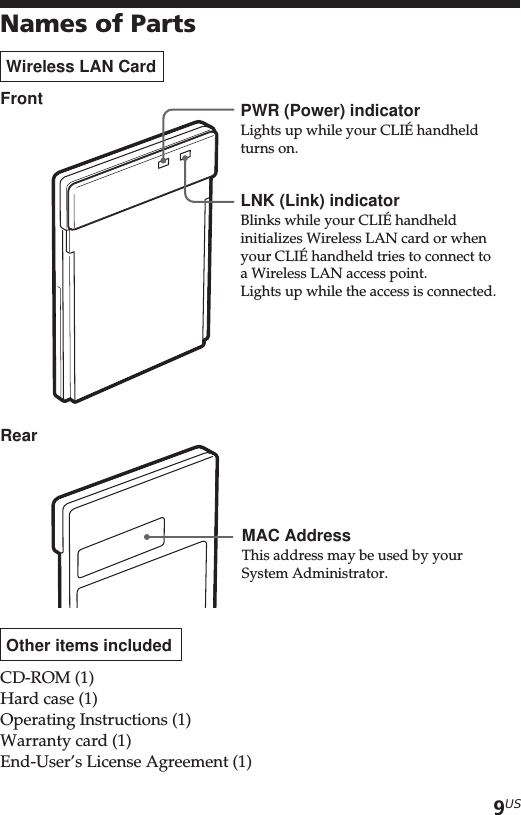9USNames of PartsWireless LAN CardFrontRearOther items includedCD-ROM (1)Hard case (1)Operating Instructions (1)Warranty card (1)End-User’s License Agreement (1)PWR (Power) indicatorLights up while your CLIÉ handheldturns on.MAC AddressThis address may be used by yourSystem Administrator.LNK (Link) indicatorBlinks while your CLIÉ handheldinitializes Wireless LAN card or whenyour CLIÉ handheld tries to connect toa Wireless LAN access point.Lights up while the access is connected.