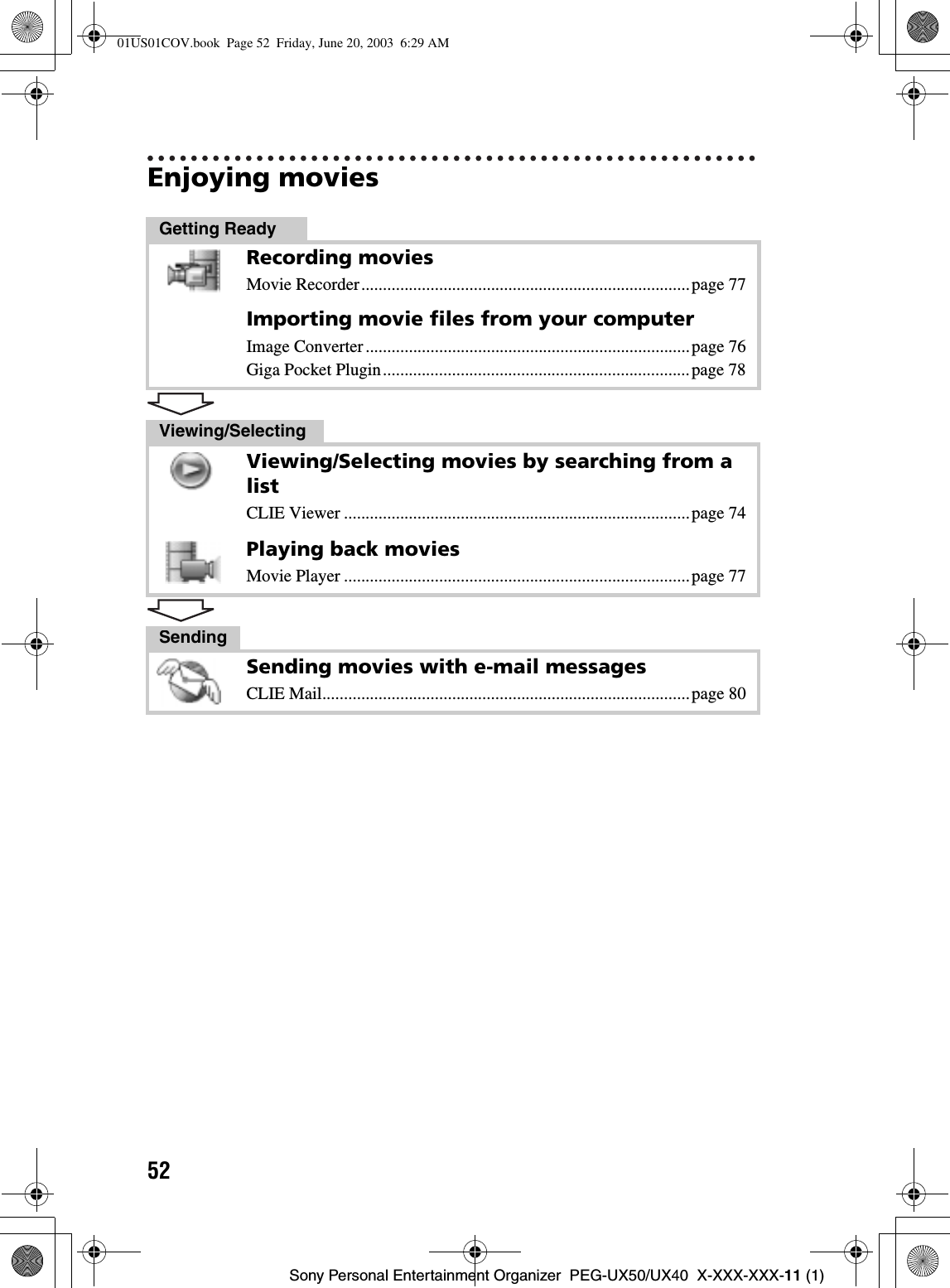 52Sony Personal Entertainment Organizer  PEG-UX50/UX40  X-XXX-XXX-11 (1)Enjoying moviesGetting ReadyRecording moviesMovie Recorder............................................................................page 77Importing movie files from your computerImage Converter...........................................................................page 76Giga Pocket Plugin.......................................................................page 78Viewing/SelectingViewing/Selecting movies by searching from a listCLIE Viewer ................................................................................page 74Playing back moviesMovie Player ................................................................................page 77SendingSending movies with e-mail messagesCLIE Mail.....................................................................................page 8001US01COV.book  Page 52  Friday, June 20, 2003  6:29 AM