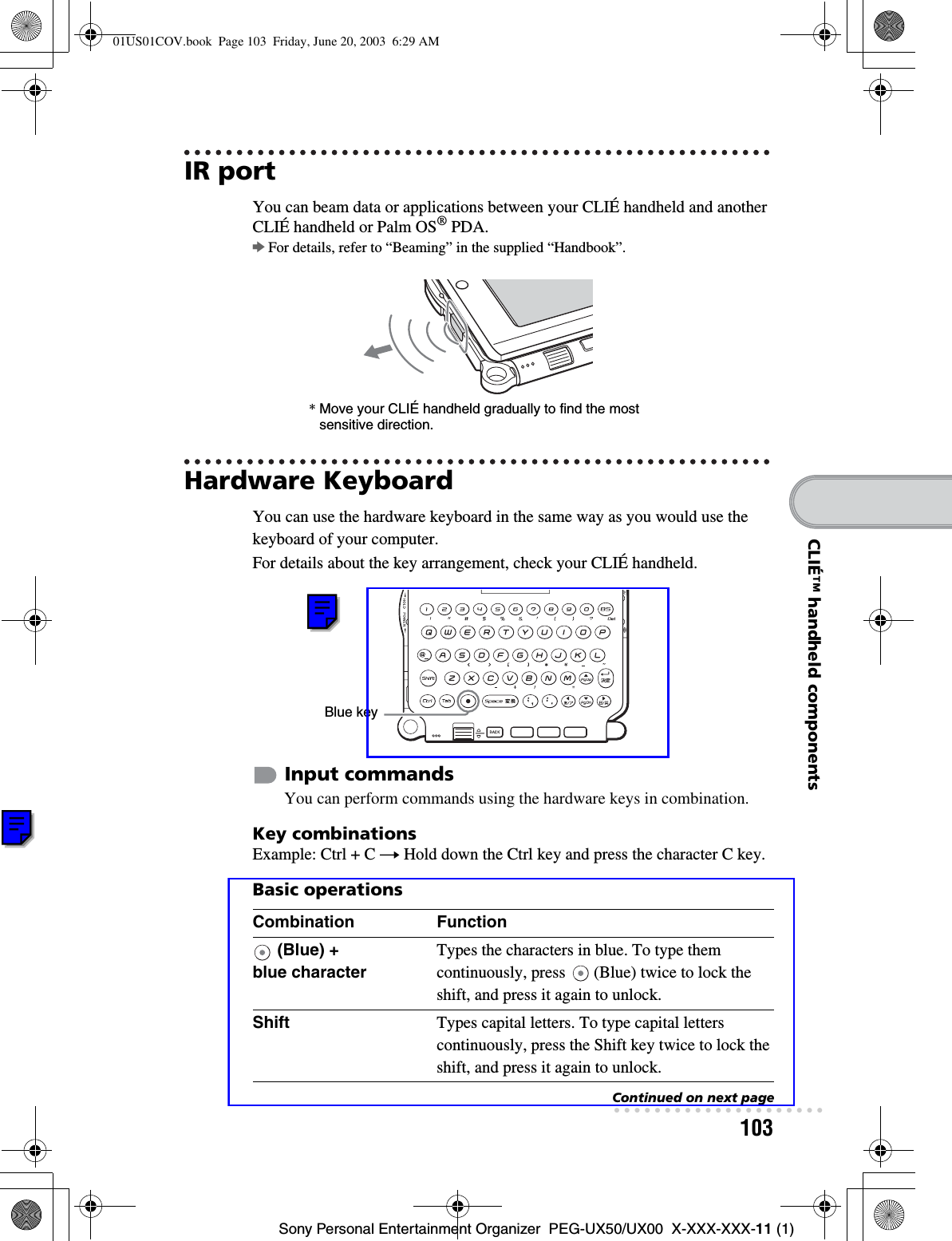103Sony Personal Entertainment Organizer  PEG-UX50/UX00  X-XXX-XXX-11 (1)CLIÉ™ handheld componentsIR portYou can beam data or applications between your CLIÉ handheld and another CLIÉ handheld or Palm OS® PDA.bFor details, refer to “Beaming” in the supplied “Handbook”.Hardware KeyboardYou can use the hardware keyboard in the same way as you would use the keyboard of your computer.For details about the key arrangement, check your CLIÉ handheld. Input commandsYou can perform commands using the hardware keys in combination.Key combinationsExample: Ctrl + C t Hold down the Ctrl key and press the character C key.Basic operationsCombination Function (Blue) + blue characterTypes the characters in blue. To type them continuously, press   (Blue) twice to lock the shift, and press it again to unlock.Shift Types capital letters. To type capital letters continuously, press the Shift key twice to lock the shift, and press it again to unlock.*Move your CLIÉ handheld gradually to find the most sensitive direction.Blue keyContinued on next page• • • • • • • • • • • • • • • • • • • • •01US01COV.book  Page 103  Friday, June 20, 2003  6:29 AM