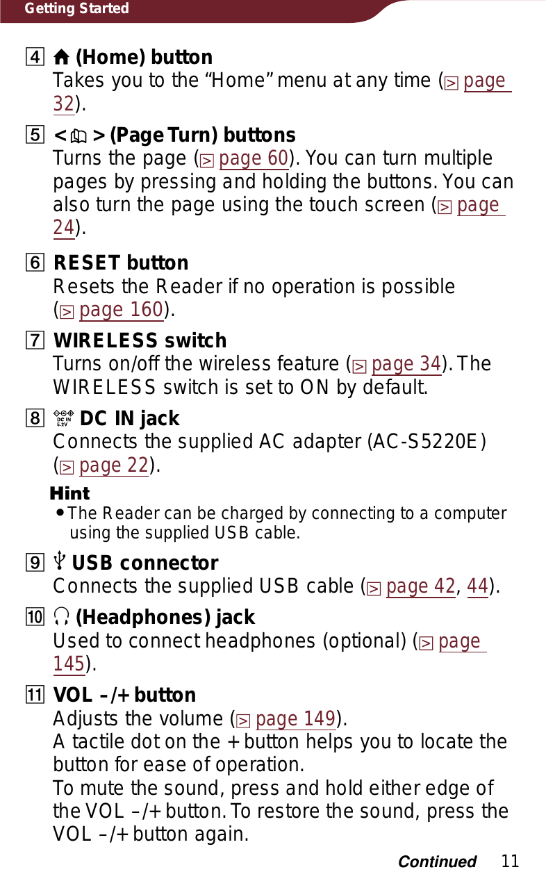 11Getting StartedȬ (Home) buttonTakes you to the “Home” menu at any time (page32).ȭ&lt;  &gt; (Page Turn) buttonsTurns the page (page 60). You can turn multiple pages by pressing and holding the buttons. You can also turn the page using the touch screen (page24).ȮRESET buttonResets the Reader if no operation is possible  (page 160).ȯWIRELESS switchTurns on/off the wireless feature (page 34). The WIRELESS switch is set to ON by default.Ȱ DC IN jackConnects the supplied AC adapter (AC-S5220E) (page 22).HintˎThe Reader can be charged by connecting to a computer using the supplied USB cable.ȱˣ USB connectorConnects the supplied USB cable (page 42,44).Ȳ (Headphones) jackUsed to connect headphones (optional) (page145).ȳVOL –/+ buttonAdjusts the volume (page 149).A tactile dot on the + button helps you to locate the button for ease of operation.To mute the sound, press and hold either edge of the VOL –/+ button. To restore the sound, press the VOL –/+ button again.Continued