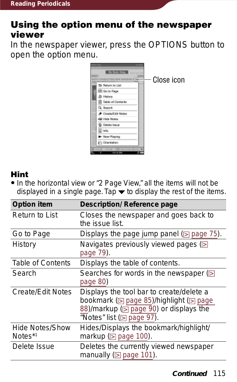 115Reading PeriodicalsUsing the option menu of the newspaper viewerIn the newspaper viewer, press the OPTIONS button to open the option menu.Close iconHintˎIn the horizontal view or “2 Page View,” all the items will not be displayed in a single page. Tap   to display the rest of the items.Option item Description/ Reference pageReturn to List Closes the newspaper and goes back to the issue list.Go to Page Displays the page jump panel (page 75).History Navigates previously viewed pages (page 79).Table of Contents  Displays the table of contents.Search Searches for words in the newspaper (page 80)Create/Edit Notes Displays the tool bar to create/delete a bookmark (page 85)/highlight (page88)/markup (page 90) or displays the “Notes” list (page 97).Hide Notes/Show Notes*1Hides/Displays the bookmark/highlight/markup (page 100).Delete Issue Deletes the currently viewed newspaper manually (page 101).Continued