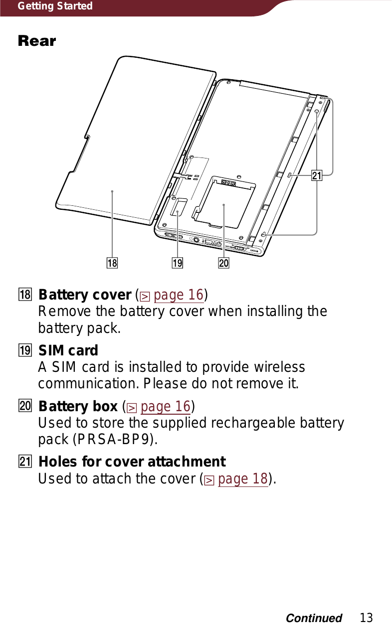 13Getting StartedRearȺBattery cover (page 16)Remove the battery cover when installing the battery pack.ȻSIM cardA SIM card is installed to provide wireless communication. Please do not remove it.ȼBattery box (page 16)Used to store the supplied rechargeable battery pack (PRSA-BP9).ȽHoles for cover attachmentUsed to attach the cover (page 18).Continued