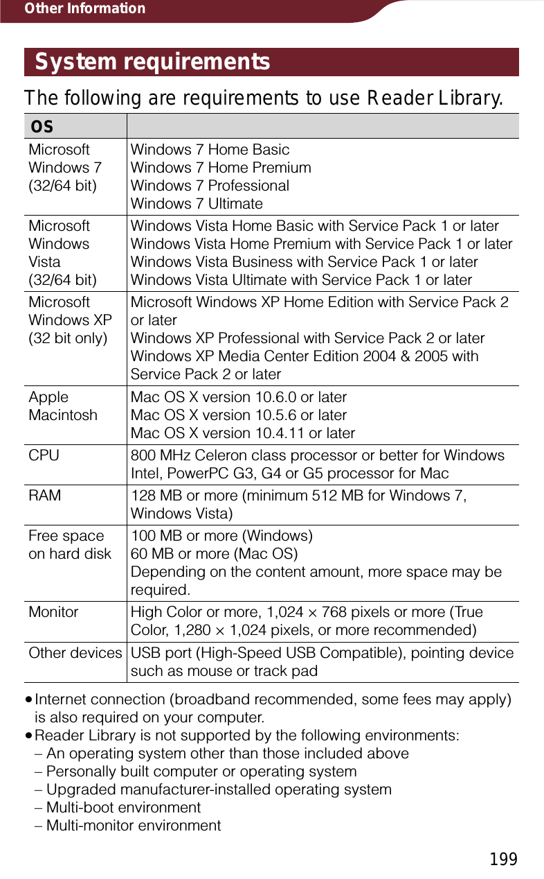 199Other InformationSystem requirementsThe following are requirements to use Reader Library.OSMicrosoftWindows 7 (32/64 bit)Windows 7 Home BasicWindows 7 Home PremiumWindows 7 ProfessionalWindows 7 UltimateMicrosoft Windows Vista  (32/64 bit)Windows Vista Home Basic with Service Pack 1 or laterWindows Vista Home Premium with Service Pack 1 or laterWindows Vista Business with Service Pack 1 or laterWindows Vista Ultimate with Service Pack 1 or laterMicrosoft Windows XP (32 bit only)Microsoft Windows XP Home Edition with Service Pack 2 or laterWindows XP Professional with Service Pack 2 or laterWindows XP Media Center Edition 2004 &amp; 2005 with Service Pack 2 or laterAppleMacintoshMac OS X version 10.6.0 or laterMac OS X version 10.5.6 or laterMac OS X version 10.4.11 or laterCPU 800 MHz Celeron class processor or better for WindowsIntel, PowerPC G3, G4 or G5 processor for MacRAM 128 MB or more (minimum 512 MB for Windows 7, Windows Vista)Free space on hard disk100 MB or more (Windows)60 MB or more (Mac OS)Depending on the content amount, more space may be required.Monitor High Color or more, 1,024 × 768 pixels or more (True Color, 1,280 × 1,024 pixels, or more recommended)Other devices USB port (High-Speed USB Compatible), pointing device such as mouse or track padˎInternet connection (broadband recommended, some fees may apply) is also required on your computer.ˎReader Library is not supported by the following environments:– An operating system other than those included above– Personally built computer or operating system– Upgraded manufacturer-installed operating system– Multi-boot environment– Multi-monitor environment