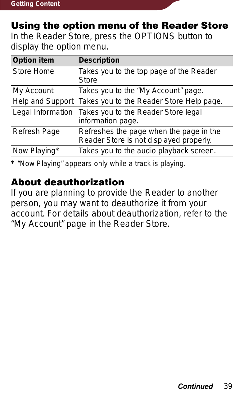 39Getting ContentUsing the option menu of the Reader StoreIn the Reader Store, press the OPTIONS button to display the option menu.Option item DescriptionStore Home Takes you to the top page of the Reader StoreMy Account Takes you to the “My Account” page.Help and Support Takes you to the Reader Store Help page.Legal Information Takes you to the Reader Store legal information page.Refresh Page Refreshes the page when the page in the Reader Store is not displayed properly.Now Playing* Takes you to the audio playback screen.* “Now Playing” appears only while a track is playing.About deauthorizationIf you are planning to provide the Reader to another person, you may want to deauthorize it from your account. For details about deauthorization, refer to the “My Account” page in the Reader Store.Continued