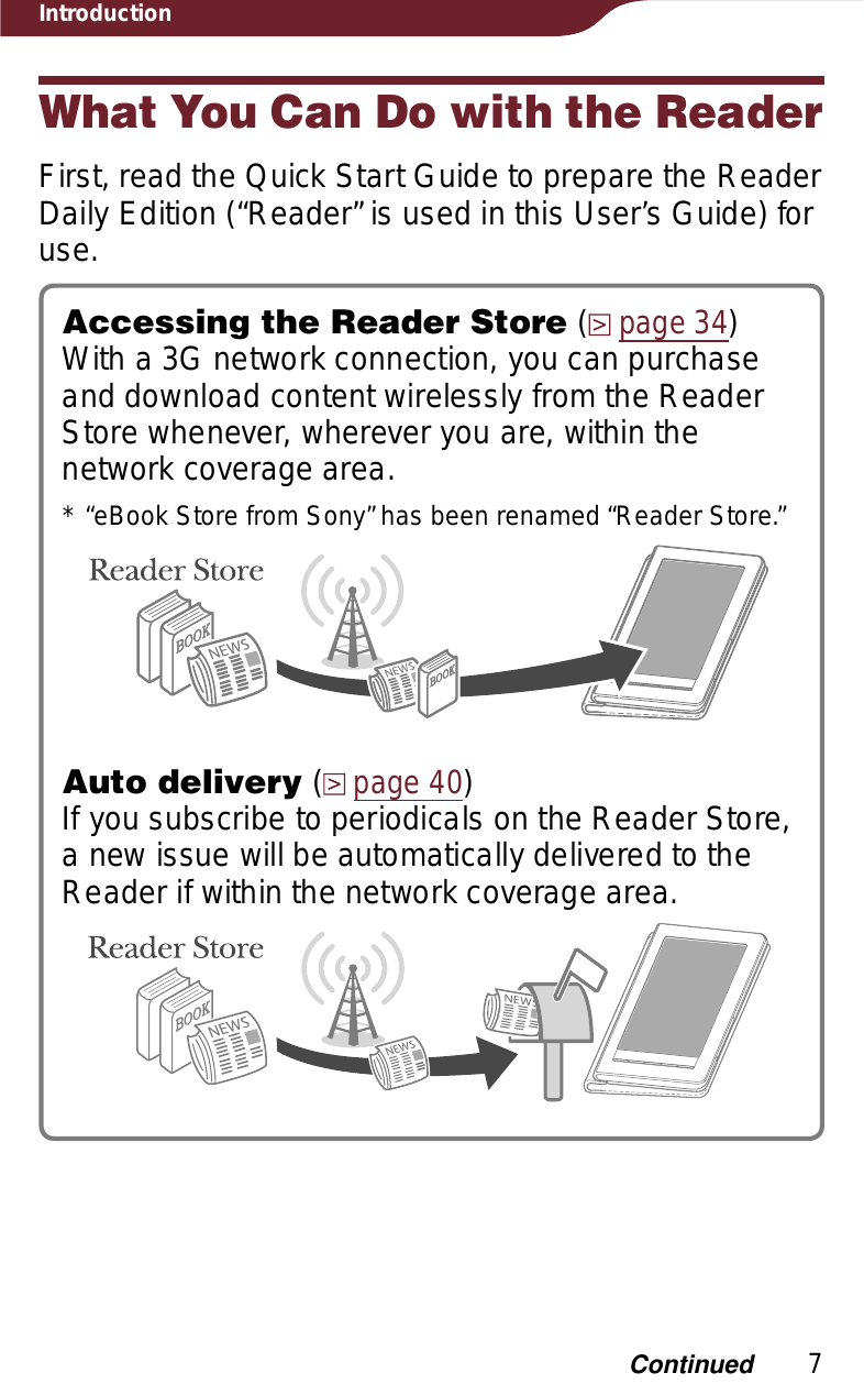 Introduction7What You Can Do with the ReaderFirst, read the Quick Start Guide to prepare the Reader Daily Edition (“Reader” is used in this User’s Guide) for use.Accessing the Reader Store (page 34)With a 3G network connection, you can purchase and download content wirelessly from the Reader Store whenever, wherever you are, within the network coverage area.* “eBook Store from Sony” has been renamed “Reader Store.”Auto delivery (page 40)If you subscribe to periodicals on the Reader Store, a new issue will be automatically delivered to the Reader if within the network coverage area.Continued