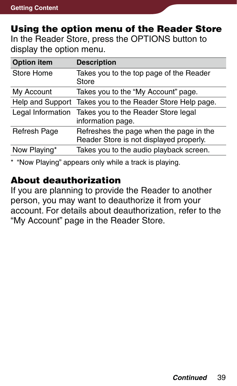 39Getting ContentUsing the option menu of the Reader StoreIn the Reader Store, press the OPTIONS button to display the option menu.Option item DescriptionStore Home Takes you to the top page of the Reader StoreMy Account Takes you to the “My Account” page.Help and Support Takes you to the Reader Store Help page.Legal Information Takes you to the Reader Store legal information page.Refresh Page Refreshes the page when the page in the Reader Store is not displayed properly.Now Playing* Takes you to the audio playback screen.*  “Now Playing” appears only while a track is playing.About deauthorizationIf you are planning to provide the Reader to another person, you may want to deauthorize it from your account. For details about deauthorization, refer to the “My Account” page in the Reader Store.Continued