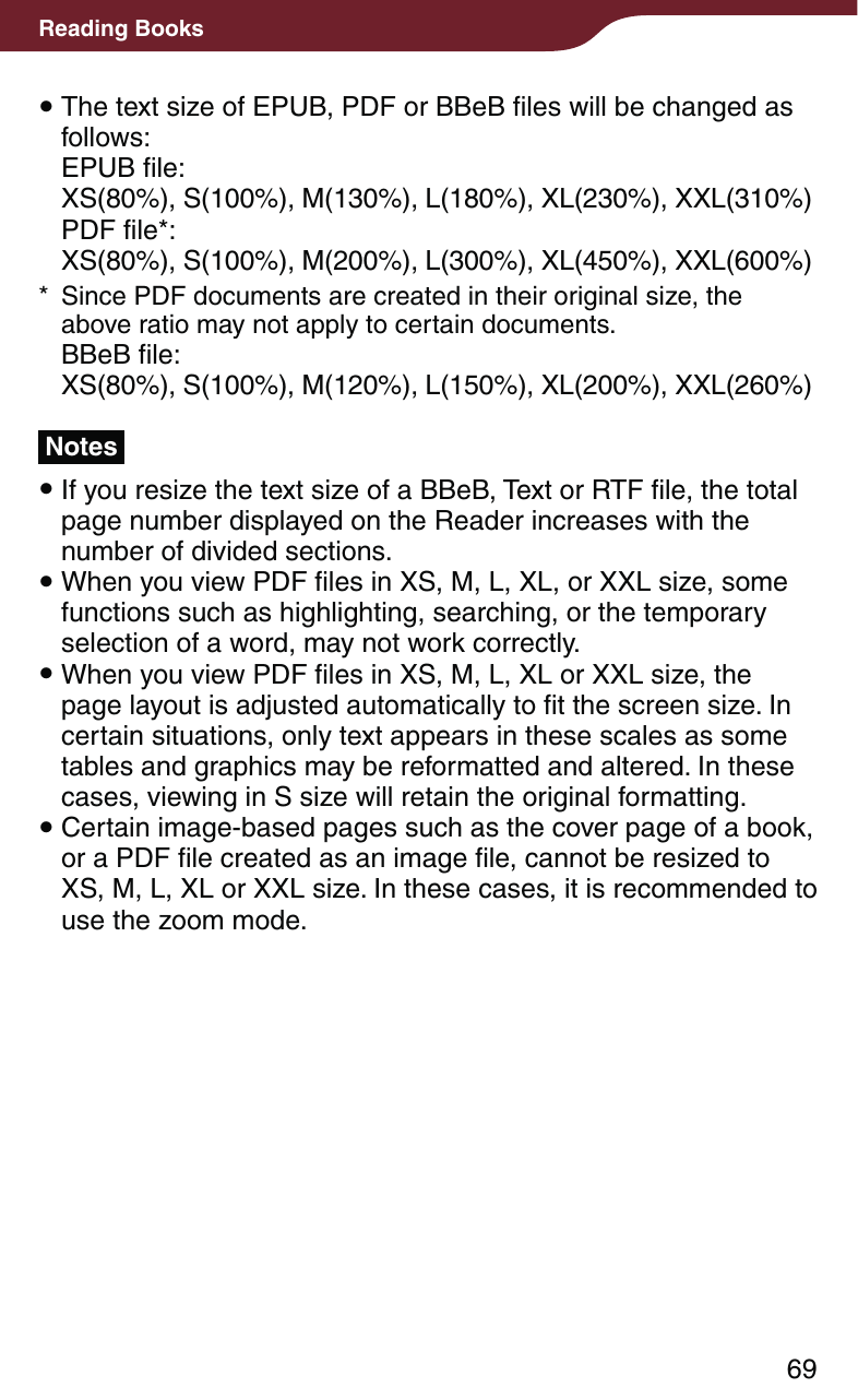 69Reading Books The text size of EPUB, PDF or BBeB files will be changed as follows: EPUB file: XS(80%), S(100%), M(130%), L(180%), XL(230%), XXL(310%) PDF file*: XS(80%), S(100%), M(200%), L(300%), XL(450%), XXL(600%)*  Since PDF documents are created in their original size, the above ratio may not apply to certain documents. BBeB file: XS(80%), S(100%), M(120%), L(150%), XL(200%), XXL(260%)Notes If you resize the text size of a BBeB, Text or RTF file, the total page number displayed on the Reader increases with the number of divided sections. When you view PDF files in XS, M, L, XL, or XXL size, some functions such as highlighting, searching, or the temporary selection of a word, may not work correctly. When you view PDF files in XS, M, L, XL or XXL size, the page layout is adjusted automatically to fit the screen size. In certain situations, only text appears in these scales as some tables and graphics may be reformatted and altered. In these cases, viewing in S size will retain the original formatting. Certain image-based pages such as the cover page of a book, or a PDF file created as an image file, cannot be resized to XS, M, L, XL or XXL size. In these cases, it is recommended to use the zoom mode.