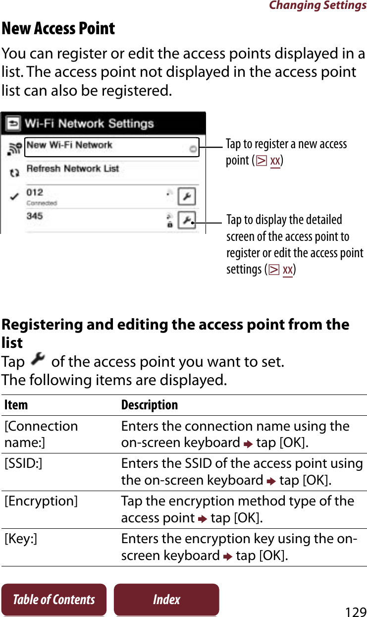 Changing Settings129Table of Contents IndexNew Access PointYou can register or edit the access points displayed in a list. The access point not displayed in the access point list can also be registered.Tap to display the detailed screen of the access point to register or edit the access point settings (rxx)Tap to register a new access point (rxx)Registering and editing the access point from the listTap   of the access point you want to set.The following items are displayed. Item Description[Connection name:]Enters the connection name using the on-screen keyboard p tap [OK].[SSID:] Enters the SSID of the access point using the on-screen keyboard p tap [OK].[Encryption] Tap the encryption method type of the access point p tap [OK].[Key:] Enters the encryption key using the on-screen keyboard p tap [OK].