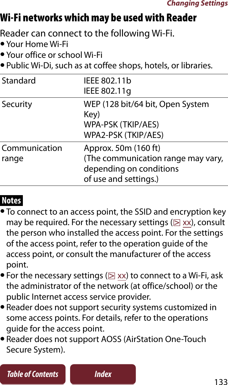 Changing Settings133Table of Contents IndexWi-Fi networks which may be used with ReaderReader can connect to the following Wi-Fi.ˎYour Home Wi-FiˎYour office or school Wi-FiˎPublic Wi-Di, such as at coffee shops, hotels, or libraries.Standard IEEE 802.11bIEEE 802.11gSecurity WEP (128 bit/64 bit, Open System Key)WPA-PSK (TKIP/AES)WPA2-PSK (TKIP/AES)Communication rangeApprox. 50m (160 ft)(The communication range may vary, depending on conditionsof use and settings.)NotesˎTo connect to an access point, the SSID and encryption key may be required. For the necessary settings (rxx), consult the person who installed the access point. For the settings of the access point, refer to the operation guide of the access point, or consult the manufacturer of the access point.ˎFor the necessary settings (rxx) to connect to a Wi-Fi, ask the administrator of the network (at office/school) or the public Internet access service provider.ˎReader does not support security systems customized in some access points. For details, refer to the operations guide for the access point.ˎReader does not support AOSS (AirStation One-Touch Secure System).