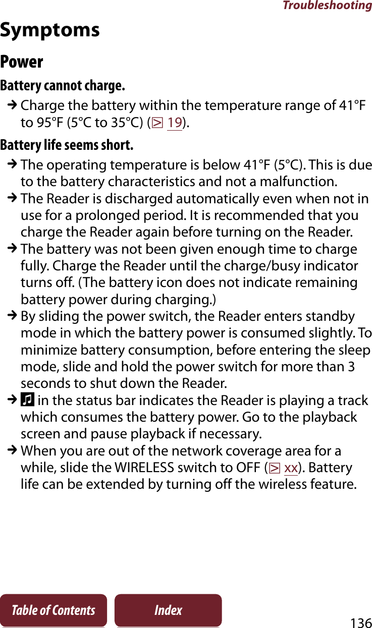 Troubleshooting136Table of Contents IndexSymptomsPowerBattery cannot charge.qCharge the battery within the temperature range of 41°F to 95°F (5°C to 35°C) (r19).Battery life seems short.qThe operating temperature is below 41°F (5°C). This is due to the battery characteristics and not a malfunction.qThe Reader is discharged automatically even when not in use for a prolonged period. It is recommended that you charge the Reader again before turning on the Reader.qThe battery was not been given enough time to charge fully. Charge the Reader until the charge/busy indicator turns off. (The battery icon does not indicate remaining battery power during charging.)qBy sliding the power switch, the Reader enters standby mode in which the battery power is consumed slightly. To minimize battery consumption, before entering the sleep mode, slide and hold the power switch for more than 3 seconds to shut down the Reader.q in the status bar indicates the Reader is playing a track which consumes the battery power. Go to the playback screen and pause playback if necessary.qWhen you are out of the network coverage area for a while, slide the WIRELESS switch to OFF (rxx). Battery life can be extended by turning off the wireless feature.