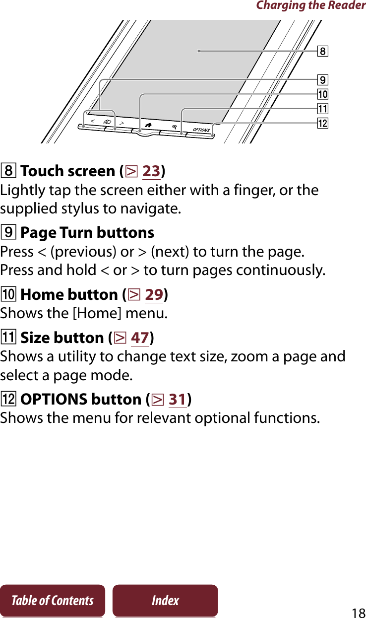Charging the Reader18Table of Contents IndexȰTouch screen (r23)Lightly tap the screen either with a finger, or the supplied stylus to navigate.ȱPage Turn buttonsPress &lt; (previous) or &gt; (next) to turn the page.Press and hold &lt; or &gt; to turn pages continuously.ȲHome button (r29)Shows the [Home] menu.ȳSize button (r47)Shows a utility to change text size, zoom a page and select a page mode. ȴOPTIONS button (r31)Shows the menu for relevant optional functions.