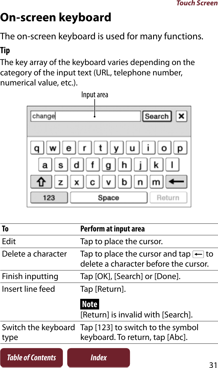 Touch Screen31Table of Contents IndexOn-screen keyboardThe on-screen keyboard is used for many functions.TipThe key array of the keyboard varies depending on the category of the input text (URL, telephone number, numerical value, etc.). Input areaTo Perform at input areaEdit Tap to place the cursor.Delete a character Tap to place the cursor and tap   to delete a character before the cursor.Finish inputting Tap [OK], [Search] or [Done].Insert line feed Tap [Return].Note[Return] is invalid with [Search].Switch the keyboard typeTap [123] to switch to the symbol keyboard. To return, tap [Abc].
