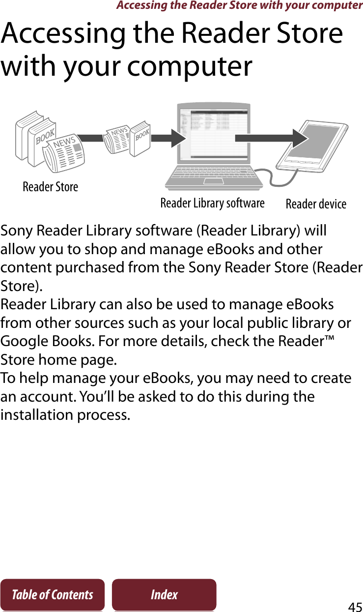 Accessing the Reader Store with your computer45Table of Contents IndexAccessing the Reader Store with your computerReader StoreReader Library software Reader deviceSony Reader Library software (Reader Library) will allow you to shop and manage eBooks and other content purchased from the Sony Reader Store (Reader Store).Reader Library can also be used to manage eBooks from other sources such as your local public library or Google Books. For more details, check the Reader™ Store home page.To help manage your eBooks, you may need to create an account. You’ll be asked to do this during the installation process.