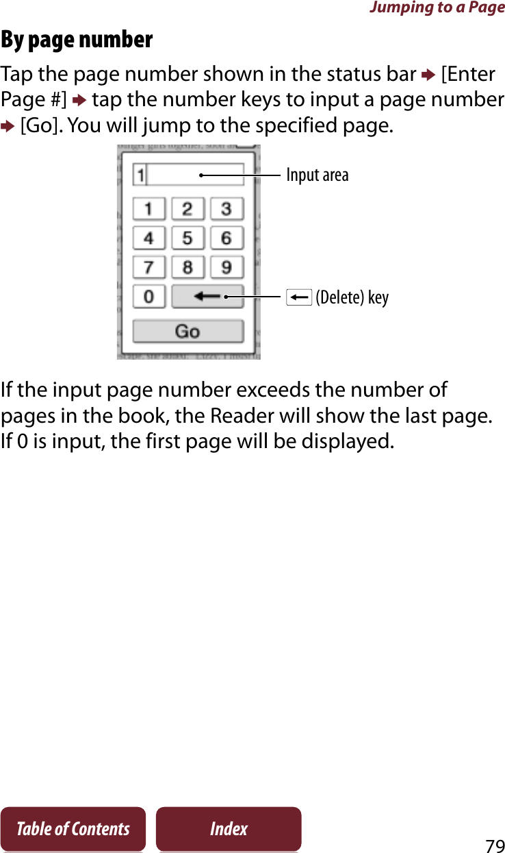 Jumping to a Page79Table of Contents IndexBy page numberTap the page number shown in the status bar p [Enter Page #] p tap the number keys to input a page number p [Go]. You will jump to the specified page.Input area (Delete) keyIf the input page number exceeds the number of pages in the book, the Reader will show the last page. If 0 is input, the first page will be displayed.