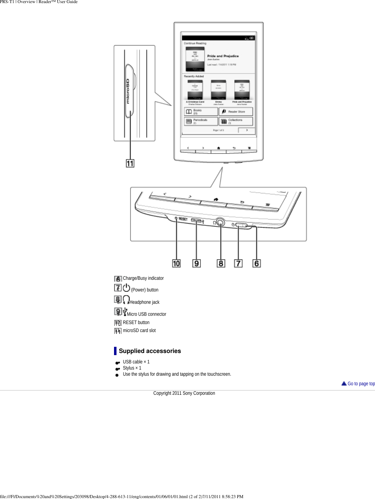 PRS-T1 | Overview | Reader™ User Guide6.  Charge/Busy indicator7.    (Power) button8.   Headphone jack9.   Micro USB connector10.  RESET button11.  microSD card slotSupplied accessories●     USB cable × 1●     Stylus × 1 Use the stylus for drawing and tapping on the touchscreen. Go to page topCopyright 2011 Sony Corporationfile:///F|/Documents%20and%20Settings/203098/Desktop/4-288-613-11/eng/contents/01/06/01/01.html (2 of 2)7/11/2011 8:58:23 PM