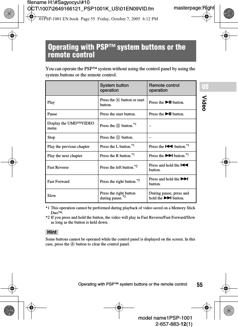 55VideoUSmodel name1PSP-10012-657-883-12(1)Operating with PSP™ system buttons or the remote controlmasterpage:Rightfilename H:\#Sagyocyu\#10 OCT\1007\2649166121_PSP1001K_US\01EN09VID.fmYou can operate the PSP™ system without using the control panel by using the system buttons or the remote control.*1 This operation cannot be performed during playback of video saved on a Memory Stick Duo™.*2 If you press and hold the button, the video will play in Fast Reverse/Fast Forward/Slow as long as the button is held down.HintSome buttons cannot be operated while the control panel is displayed on the screen. In this case, press the   button to clear the control panel.Operating with PSP™ system buttons or the remote controlSystem button operation Remote control operation Play Press the   button or start button. Press the u button.Pause Press the start button. Press the u button.Display the UMD™VIDEO menu Press the   button.*1 –Stop Press the   button. –Play the previous chapter Press the L button.*1 Press the . button.*1Play the next chapter Press the R button.*1 Press the &gt; button.*1Fast Reverse Press the left button.*2 Press and hold the . button.Fast Forward Press the right button.*2 Press and hold the &gt; button.Slow Press the right button during pause.*2 During pause, press and hold the &gt; button.01PSP-1001 EN.book  Page 55  Friday, October 7, 2005  6:12 PM