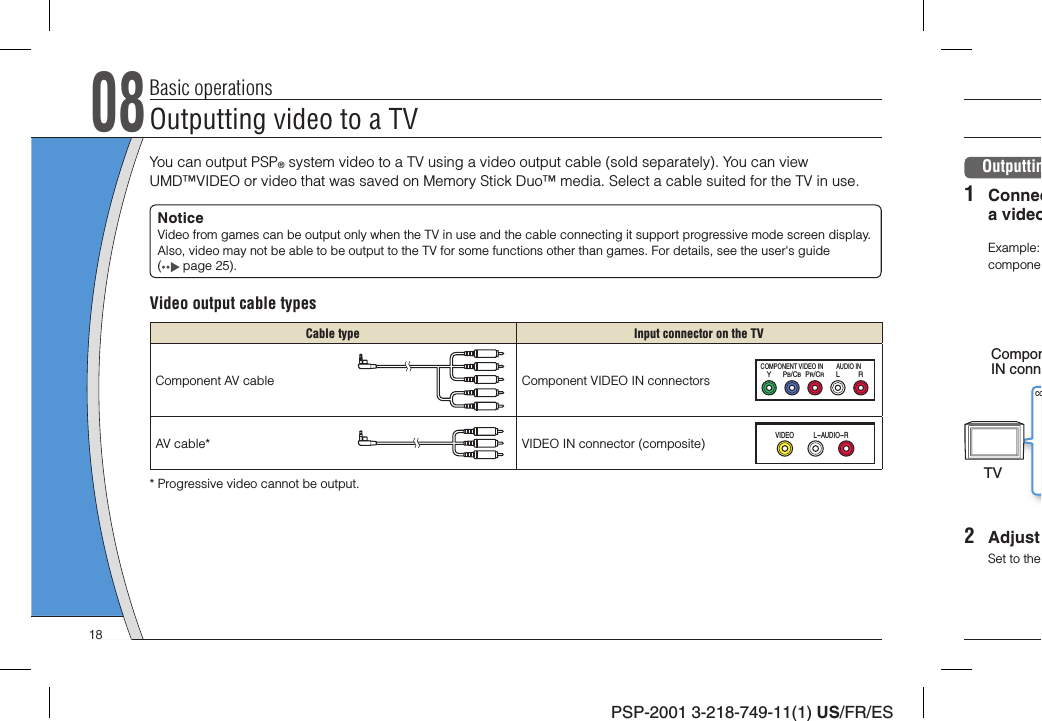 PSP-2001 3-218-749-11(1) US/FR/ESBasic operationsOutputting video to a TV08You can output PSP® system video to a TV using a video output cable (sold separately). You can view UMD™VIDEO or video that was saved on Memory Stick Duo™ media. Select a cable suited for the TV in use.NoticeVideo from games can be output only when the TV in use and the cable connecting it support progressive mode screen display. Also, video may not be able to be output to the TV for some functions other than games. For details, see the user&apos;s guide ( page 25).Video output cable typesCable type Input connector on the TVComponent AV cable Component VIDEO IN connectorsYLRPR/CRPB/CBCOMPONENT VIDEO IN AUDIO INAV cable* VIDEO IN connector (composite)VIDEO L-AUD IO-R*  Progressive video cannot be output.Outputtin1 Conneca videoExample: componeCOComponIN connTV2 Adjust Set to the 18