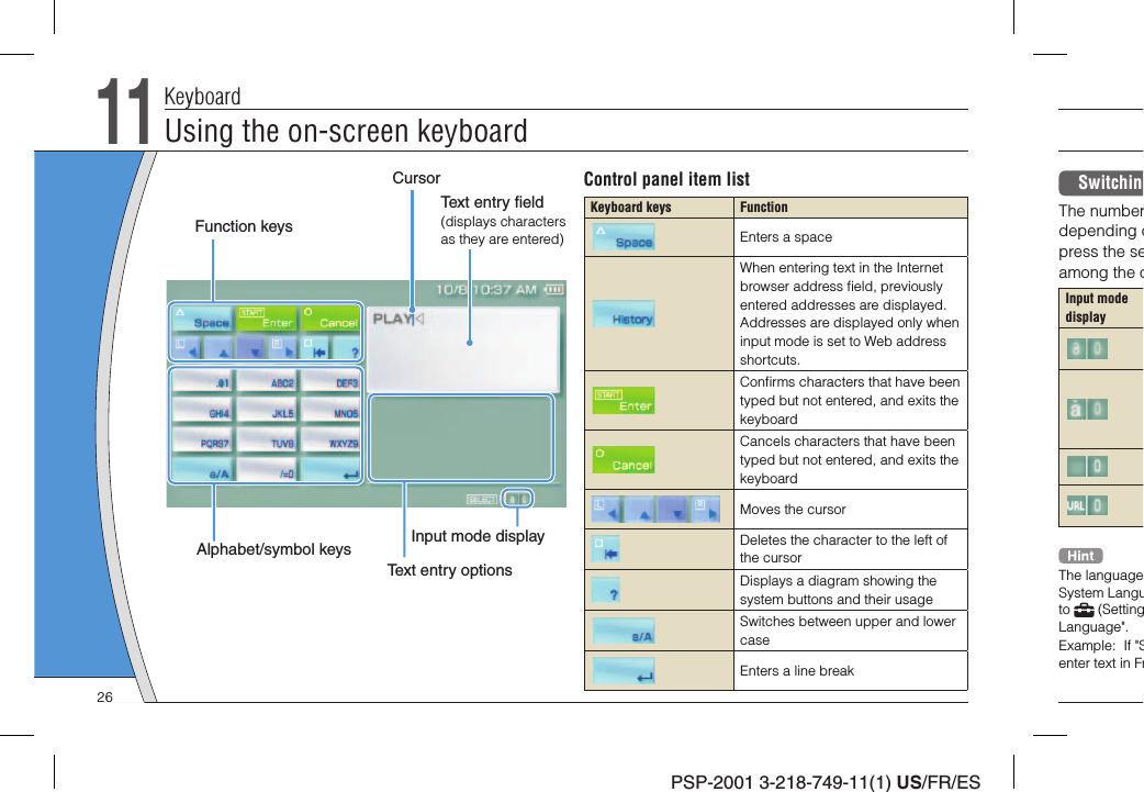 PSP-2001 3-218-749-11(1) US/FR/ESSwitchinThe numberdepending opress the seamong the oInput mode displayThe languageSystem Languto   (SettingLanguage&quot;.Example:  If &quot;Senter text in Fr11KeyboardText entry ﬁ eld (displays characters as they are entered)CursorFunction keysAlphabet/symbol keysText entry optionsInput mode displayControl panel item listKeyboard keys FunctionEnters a spaceWhen entering text in the Internet browser address ﬁ eld, previously entered addresses are displayed. Addresses are displayed only when input mode is set to Web address shortcuts.Conﬁ rms characters that have been typed but not entered, and exits the keyboardCancels characters that have been typed but not entered, and exits the keyboardMoves the cursor Deletes the character to the left of the cursorDisplays a diagram showing the system buttons and their usageSwitches between upper and lower caseEnters a line breakUsing the on-screen keyboard26