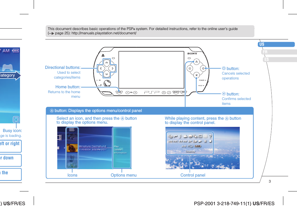 ) US/FR/ESDEITNLPTPSP-2001 3-218-749-11(1) US/FR/ESUSFRESHOME SELECT STARTVOLThis document describes basic operations of the PSP® system. For detailed instructions, refer to the online user&apos;s guide (  page 25): http://manuals.playstation.net/document/Busy icon:age is loading.Directional buttons:Used to select categories/items button:Cancels selected operations button:Conﬁ rms selected itemsHome button:Returns to the home menuSelect an icon, and then press the   button to display the options menu. While playing content, press the   button to display the control panel. button: Displays the options menu/control panelIcons Options menu Control panelCategoryeft or right or down m the 3