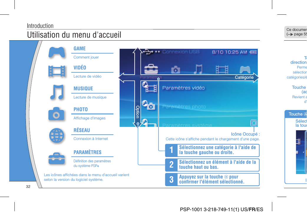 PSP-1001 3-218-749-11(1) US/FR/ESCe documen(  page 55Utilisation du menu d&apos;accueilIntroductionIcône Occupé :Cette icône s&apos;afﬁ che pendant le chargement d&apos;une page.TodirectionPermesélectioncatégories/éTouche (acRevient ad&apos;Sélectla toucTouche ICatégorie1Sélectionnez une catégorie à l&apos;aide de la touche gauche ou droite.2Sélectionnez un élément à l&apos;aide de la touche haut ou bas.3Appuyez sur la touche   pour conﬁ rmer l&apos;élément sélectionné.OptionGAMEComment jouerVIDÉOLecture de vidéoMUSIQUELecture de musiquePHOTOAfﬁ chage d&apos;imagesRÉSEAUConnexion à InternetPARAMÈTRESDéﬁ nition des paramètres du système PSP®Les icônes afﬁ chées dans le menu d&apos;accueil varient selon la version du logiciel système.32