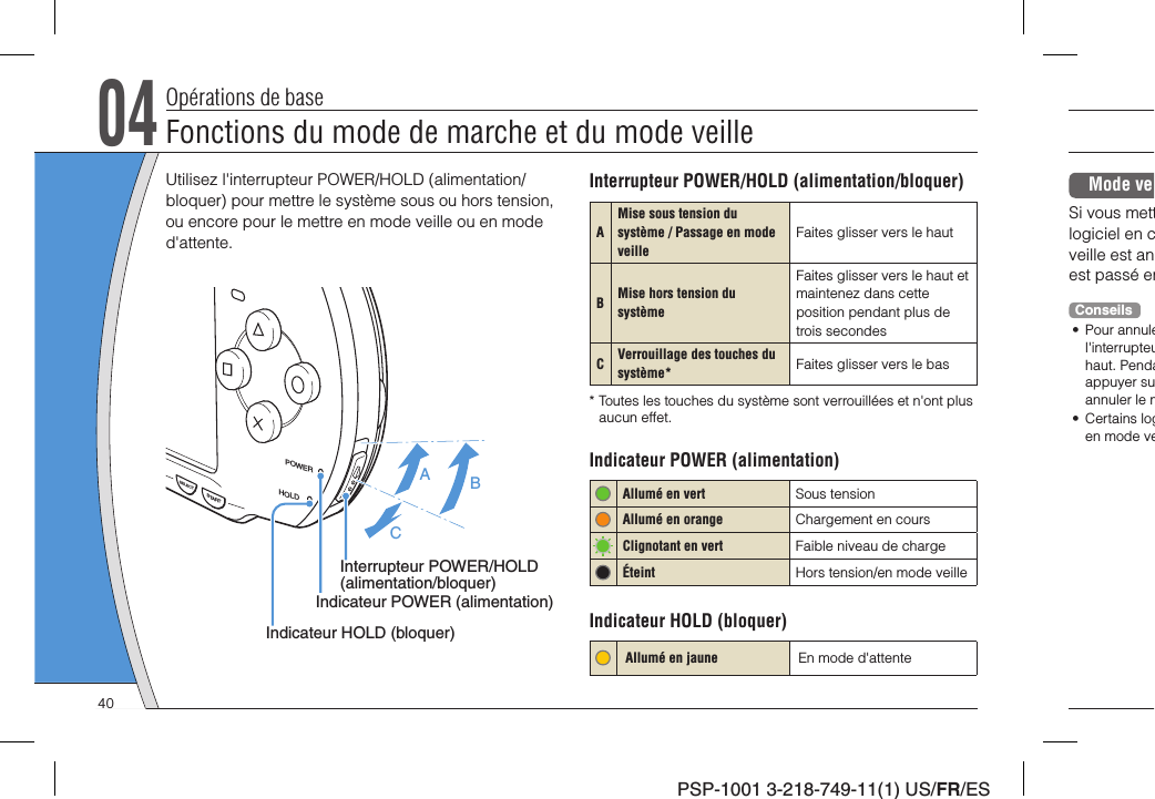 PSP-1001 3-218-749-11(1) US/FR/ES04Opérations de baseUtilisez l&apos;interrupteur POWER/HOLD (alimentation/bloquer) pour mettre le système sous ou hors tension, ou encore pour le mettre en mode veille ou en mode d&apos;attente.POWERHOLDSTARTSELECTABCInterrupteur POWER/HOLD (alimentation/bloquer)Indicateur POWER (alimentation)Indicateur HOLD (bloquer)Interrupteur POWER/HOLD (alimentation/bloquer)AMise sous tension du système / Passage en mode veille Faites glisser vers le hautBMise hors tension du système  Faites glisser vers le haut et maintenez dans cette position pendant plus de trois secondesCVerrouillage des touches du système* Faites glisser vers le bas* Toutes les touches du système sont verrouillées et n&apos;ont plus aucun effet.Indicateur POWER (alimentation) Allumé en vert Sous tension   Allumé en orange Chargement en cours Clignotant en vert Faible niveau de chargeÉteint Hors tension/en mode veilleIndicateur HOLD (bloquer)Allumé en jaune En mode d&apos;attenteMode veSi vous mettlogiciel en cveille est anest passé enConseils• Pour annulel&apos;interrupteuhaut. Pendaappuyer suannuler le m• Certains logen mode veFonctions du mode de marche et du mode veille40