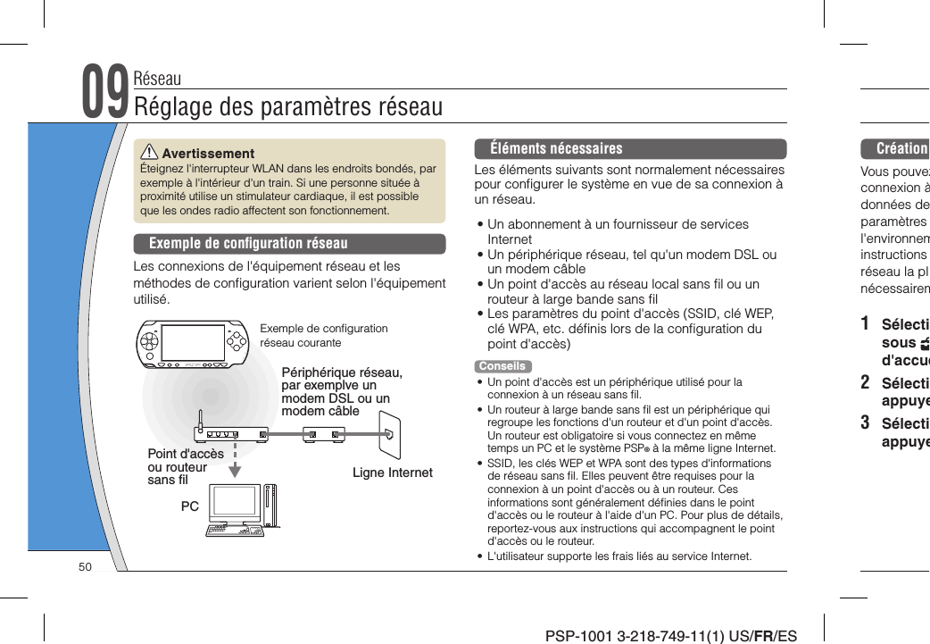 PSP-1001 3-218-749-11(1) US/FR/ESCréation Vous pouvezconnexion àdonnées deparamètres l&apos;environneminstructions réseau la plnécessairem1 Sélectisous d&apos;accue2 Sélectiappuye3 Sélectiappuye AvertissementÉteignez l&apos;interrupteur WLAN dans les endroits bondés, par exemple à l&apos;intérieur d&apos;un train. Si une personne située à proximité utilise un stimulateur cardiaque, il est possible que les ondes radio affectent son fonctionnement.Exemple de conﬁ guration réseauLes connexions de l&apos;équipement réseau et les méthodes de conﬁ guration varient selon l&apos;équipement utilisé.Point d&apos;accès ou routeur sans ﬁ lPériphérique réseau, par exemplve un modem DSL ou un modem câbleExemple de conﬁ guration réseau couranteLigne InternetPCÉléments nécessairesLes éléments suivants sont normalement nécessaires pour conﬁ gurer le système en vue de sa connexion à un réseau.• Un abonnement à un fournisseur de services Internet• Un périphérique réseau, tel qu&apos;un modem DSL ou un modem câble• Un point d&apos;accès au réseau local sans ﬁ l ou un routeur à large bande sans ﬁ l• Les paramètres du point d&apos;accès (SSID, clé WEP, clé WPA, etc. déﬁ nis lors de la conﬁ guration du point d&apos;accès)Conseils•  Un point d&apos;accès est un périphérique utilisé pour la connexion à un réseau sans ﬁ l.•  Un routeur à large bande sans ﬁ l est un périphérique qui regroupe les fonctions d&apos;un routeur et d&apos;un point d&apos;accès. Un routeur est obligatoire si vous connectez en même temps un PC et le système PSP® à la même ligne Internet.•  SSID, les clés WEP et WPA sont des types d&apos;informations de réseau sans ﬁ l. Elles peuvent être requises pour la connexion à un point d&apos;accès ou à un routeur. Ces informations sont généralement déﬁ nies dans le point d&apos;accès ou le routeur à l&apos;aide d&apos;un PC. Pour plus de détails, reportez-vous aux instructions qui accompagnent le point d&apos;accès ou le routeur.•  L&apos;utilisateur supporte les frais liés au service Internet.RéseauRéglage des paramètres réseau0950