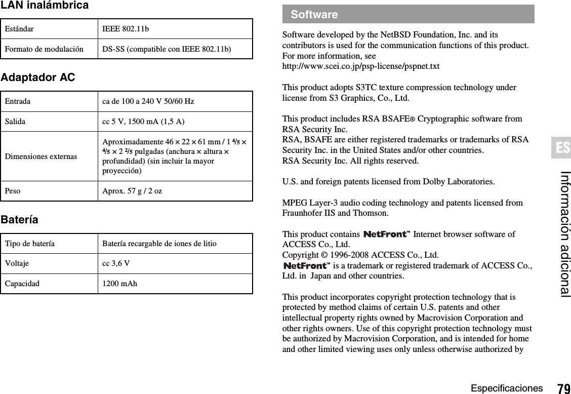 79EspecificacionesInformación adicionalESLAN inalámbricaAdaptador ACBateríaSoftware developed by the NetBSD Foundation, Inc. and its contributors is used for the communication functions of this product. For more information, seehttp://www.scei.co.jp/psp-license/pspnet.txtThis product adopts S3TC texture compression technology under license from S3 Graphics, Co., Ltd.This product includes RSA BSAFE® Cryptographic software from RSA Security Inc.RSA, BSAFE are either registered trademarks or trademarks of RSA Security Inc. in the United States and/or other countries.RSA Security Inc. All rights reserved.U.S. and foreign patents licensed from Dolby Laboratories.MPEG Layer-3 audio coding technology and patents licensed from Fraunhofer IIS and Thomson.This product contains   Internet browser software of ACCESS Co., Ltd.Copyright © 1996-2008 ACCESS Co., Ltd. is a trademark or registered trademark of ACCESS Co., Ltd. in  Japan and other countries.This product incorporates copyright protection technology that is protected by method claims of certain U.S. patents and other intellectual property rights owned by Macrovision Corporation and other rights owners. Use of this copyright protection technology must be authorized by Macrovision Corporation, and is intended for home and other limited viewing uses only unless otherwise authorized by Estándar IEEE 802.11bFormato de modulación DS-SS (compatible con IEEE 802.11b)Entrada ca de 100 a 240 V 50/60 HzSalida cc 5 V, 1500 mA (1,5 A)Dimensiones externasAproximadamente 46 × 22 × 61 mm / 1 4/5 × 4/5 × 22/5 pulgadas (anchura × altura × profundidad) (sin incluir la mayor proyección)Peso Aprox. 57 g / 2 ozTipo de batería Batería recargable de iones de litioVoltaje cc 3,6 VCapacidad 1200 mAhSoftware