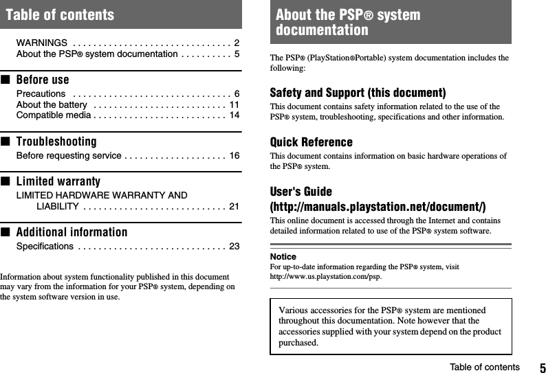 5Table of contentsWARNINGS  . . . . . . . . . . . . . . . . . . . . . . . . . . . . . . .  2About the PSP® system documentation . . . . . . . . . .  5xBefore usePrecautions   . . . . . . . . . . . . . . . . . . . . . . . . . . . . . . .  6About the battery   . . . . . . . . . . . . . . . . . . . . . . . . . .  11Compatible media . . . . . . . . . . . . . . . . . . . . . . . . . .  14xTroubleshootingBefore requesting service . . . . . . . . . . . . . . . . . . . .  16xLimited warrantyLIMITED HARDWARE WARRANTY AND LIABILITY  . . . . . . . . . . . . . . . . . . . . . . . . . . . .  21xAdditional informationSpecifications  . . . . . . . . . . . . . . . . . . . . . . . . . . . . .  23Information about system functionality published in this document may vary from the information for your PSP® system, depending on the system software version in use.The PSP® (PlayStation®Portable) system documentation includes the following:Safety and Support (this document)This document contains safety information related to the use of the PSP® system, troubleshooting, specifications and other information.Quick ReferenceThis document contains information on basic hardware operations of the PSP® system.User&apos;s Guide(http://manuals.playstation.net/document/)This online document is accessed through the Internet and contains detailed information related to use of the PSP® system software.NoticeFor up-to-date information regarding the PSP® system, visithttp://www.us.playstation.com/psp.Table of contents About the PSP® system documentationVarious accessories for the PSP® system are mentioned throughout this documentation. Note however that the accessories supplied with your system depend on the product purchased.