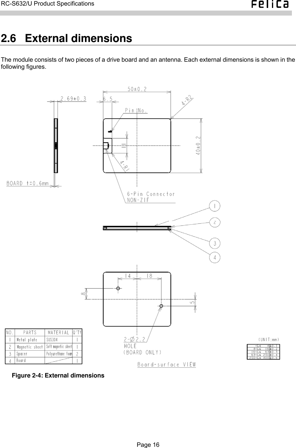   RC-S632/U Product Specifications  2.6  External dimensions The module consists of two pieces of a drive board and an antenna. Each external dimensions is shown in the following figures.  5.9 1.3 40.644±0.239.45 20 20 4 6.9 8.1 4.4 0.8±0.1 1.3 (max) 1.7 (max) include shield1.1 (max)A Host connector1pin Antenna connector1pin φ2 NTH  Figure 2-4: External dimensions  Page 16  