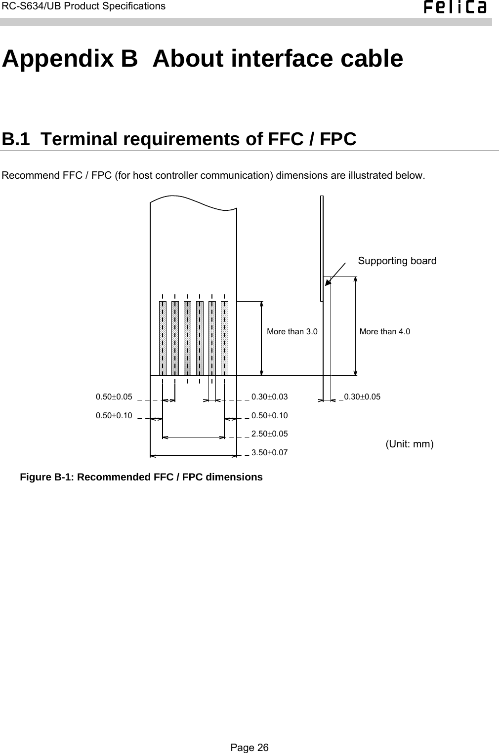   RC-S634/UB Product Specifications  Appendix B  About interface cable B.1  Terminal requirements of FFC / FPC Recommend FFC / FPC (for host controller communication) dimensions are illustrated below.  Figure B-1: Recommended FFC / FPC dimensions  (Unit: mm) Supporting board 3.50±0.07 2.50±0.05 0.50±0.10 0.50±0.100.50±0.05 0.30±0.03 0.30±0.05 More than 4.0 More than 3.0 Page 26  