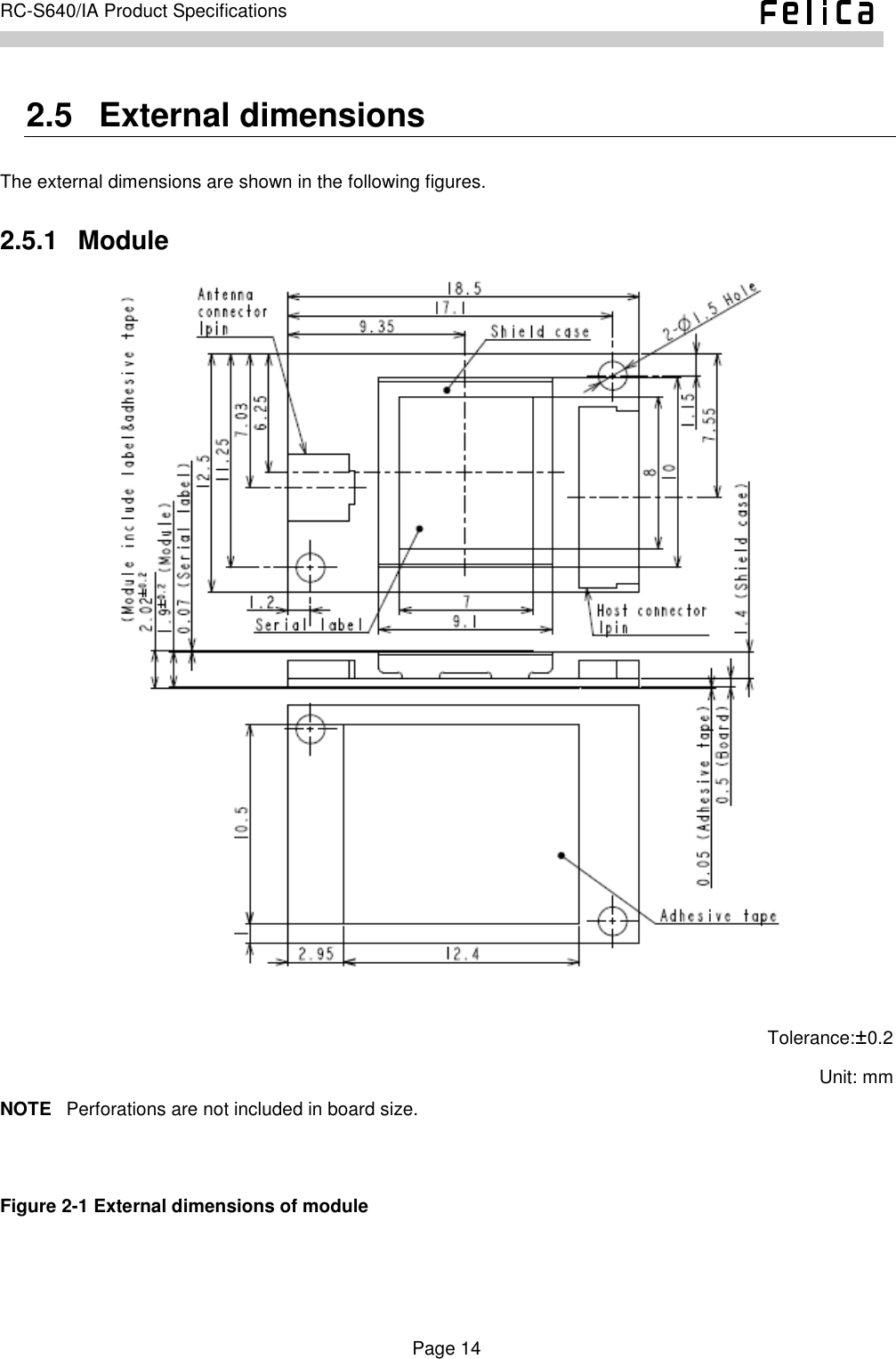    Page 14     RC-S640/IA Product Specifications    2.5   External dimensions The external dimensions are shown in the following figures. 2.5.1   Module   Tolerance:±0.2 Unit: mm NOTE  Perforations are not included in board size.   Figure 2-1 External dimensions of module   