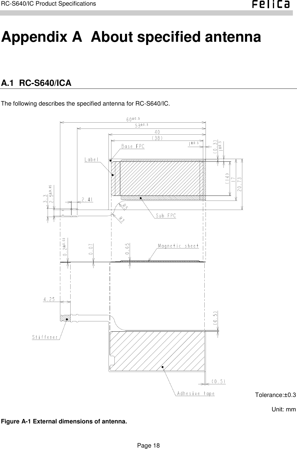    Page 18     RC-S640/IC Product Specifications    Appendix A  About specified antenna A.1  RC-S640/ICA         The following describes the specified antenna for RC-S640/IC.                               Tolerance:±0.3 Unit: mm Figure A-1 External dimensions of antenna.   