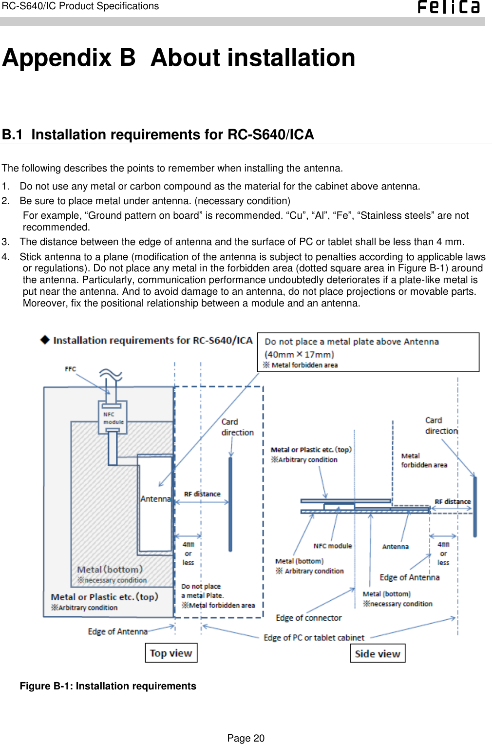    Page 20     RC-S640/IC Product Specifications    Appendix B  About installation B.1  Installation requirements for RC-S640/ICA The following describes the points to remember when installing the antenna. 1.  Do not use any metal or carbon compound as the material for the cabinet above antenna.   2.  Be sure to place metal under antenna. (necessary condition) For example, “Ground pattern on board” is recommended. “Cu”, “Al”, “Fe”, “Stainless steels” are not recommended. 3.  The distance between the edge of antenna and the surface of PC or tablet shall be less than 4 mm. 4.  Stick antenna to a plane (modification of the antenna is subject to penalties according to applicable laws or regulations). Do not place any metal in the forbidden area (dotted square area in Figure B-1) around the antenna. Particularly, communication performance undoubtedly deteriorates if a plate-like metal is put near the antenna. And to avoid damage to an antenna, do not place projections or movable parts. Moreover, fix the positional relationship between a module and an antenna.    Figure B-1: Installation requirements    