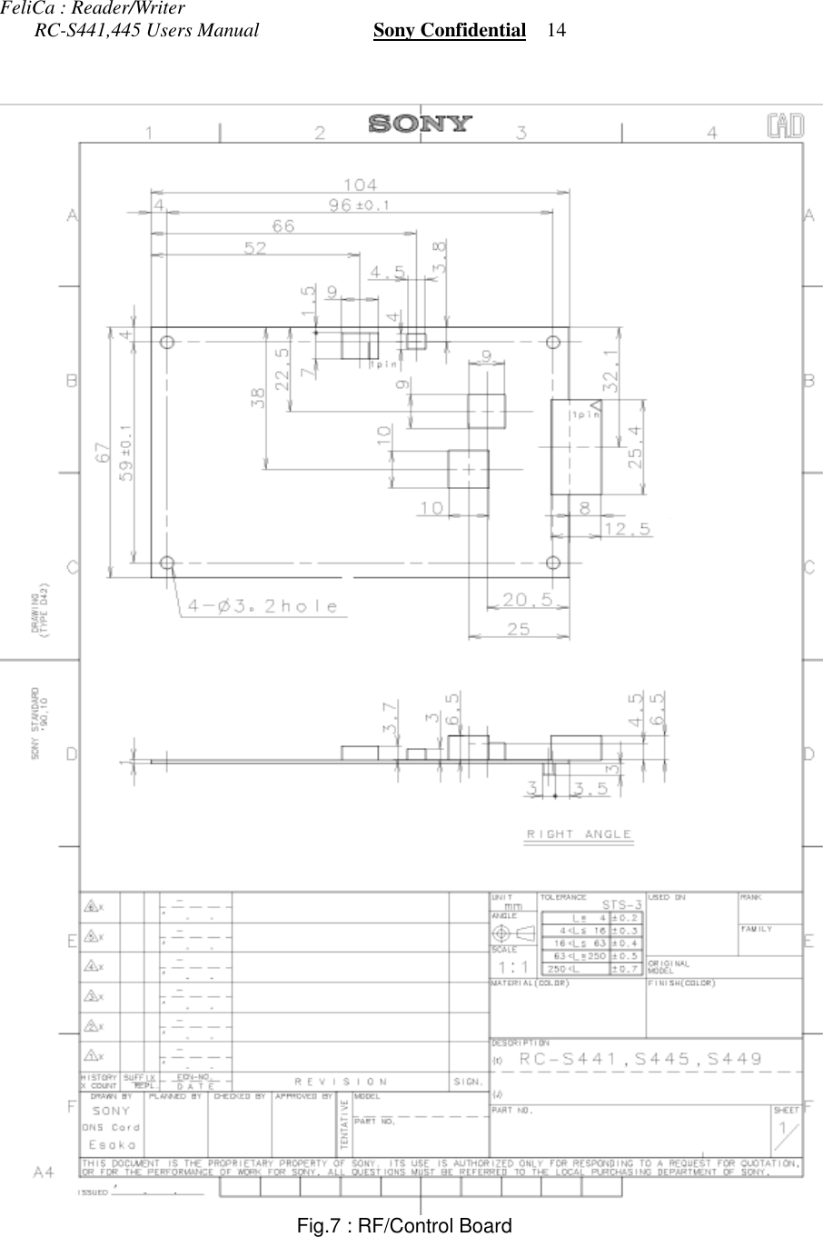 FeliCa : Reader/Writer       RC-S441,445 Users Manual                       Sony Confidential    14 Fig.7 : RF/Control Board