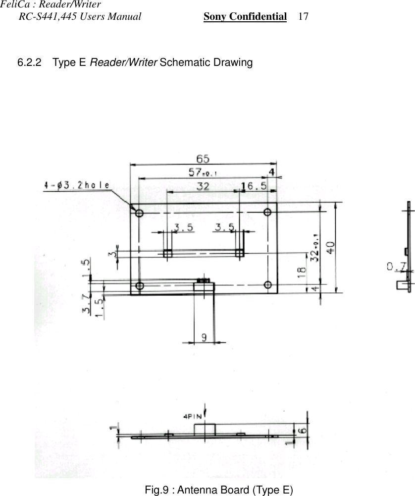 FeliCa : Reader/Writer       RC-S441,445 Users Manual                       Sony Confidential    17 6.2.2 Type E Reader/Writer Schematic DrawingFig.9 : Antenna Board (Type E)