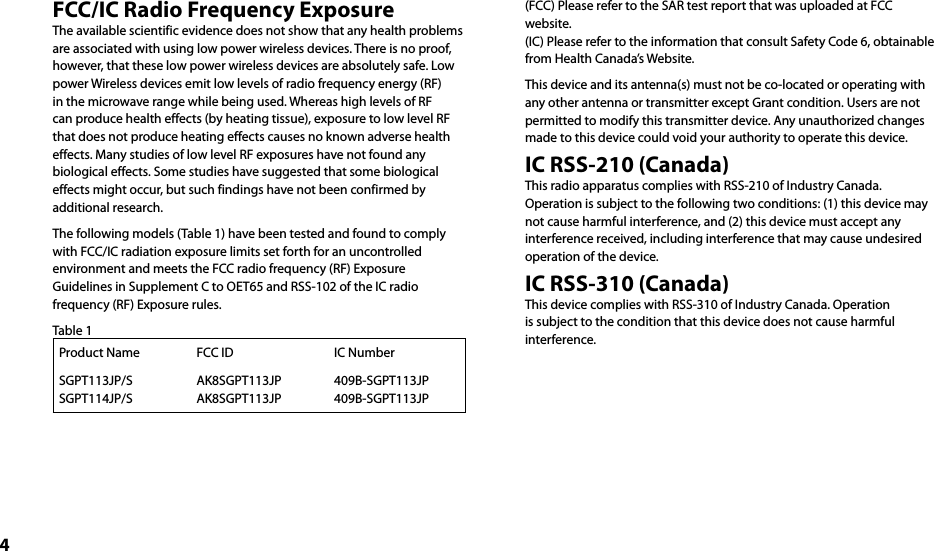 4FCC/IC Radio Frequency ExposureThe available scientific evidence does not show that any health problems are associated with using low power wireless devices. There is no proof, however, that these low power wireless devices are absolutely safe. Low power Wireless devices emit low levels of radio frequency energy (RF) in the microwave range while being used. Whereas high levels of RF can produce health effects (by heating tissue), exposure to low level RF that does not produce heating effects causes no known adverse health effects. Many studies of low level RF exposures have not found any biological effects. Some studies have suggested that some biological effects might occur, but such findings have not been confirmed by additional research.The following models (Table 1) have been tested and found to comply with FCC/IC radiation exposure limits set forth for an uncontrolled environment and meets the FCC radio frequency (RF) Exposure Guidelines in Supplement C to OET65 and RSS-102 of the IC radio frequency (RF) Exposure rules.Table 1Product Name FCC ID IC NumberSGPT113JP/SSGPT114JP/SAK8SGPT113JPAK8SGPT113JP409B-SGPT113JP409B-SGPT113JP(FCC) Please refer to the SAR test report that was uploaded at FCC website.(IC) Please refer to the information that consult Safety Code 6, obtainable from Health Canada’s Website.This device and its antenna(s) must not be co-located or operating with any other antenna or transmitter except Grant condition. Users are not permitted to modify this transmitter device. Any unauthorized changes made to this device could void your authority to operate this device.IC RSS-210 (Canada)This radio apparatus complies with RSS-210 of Industry Canada.Operation is subject to the following two conditions: (1) this device may not cause harmful interference, and (2) this device must accept any interference received, including interference that may cause undesired operation of the device.IC RSS-310 (Canada)This device complies with RSS-310 of Industry Canada. Operation is subject to the condition that this device does not cause harmful interference.