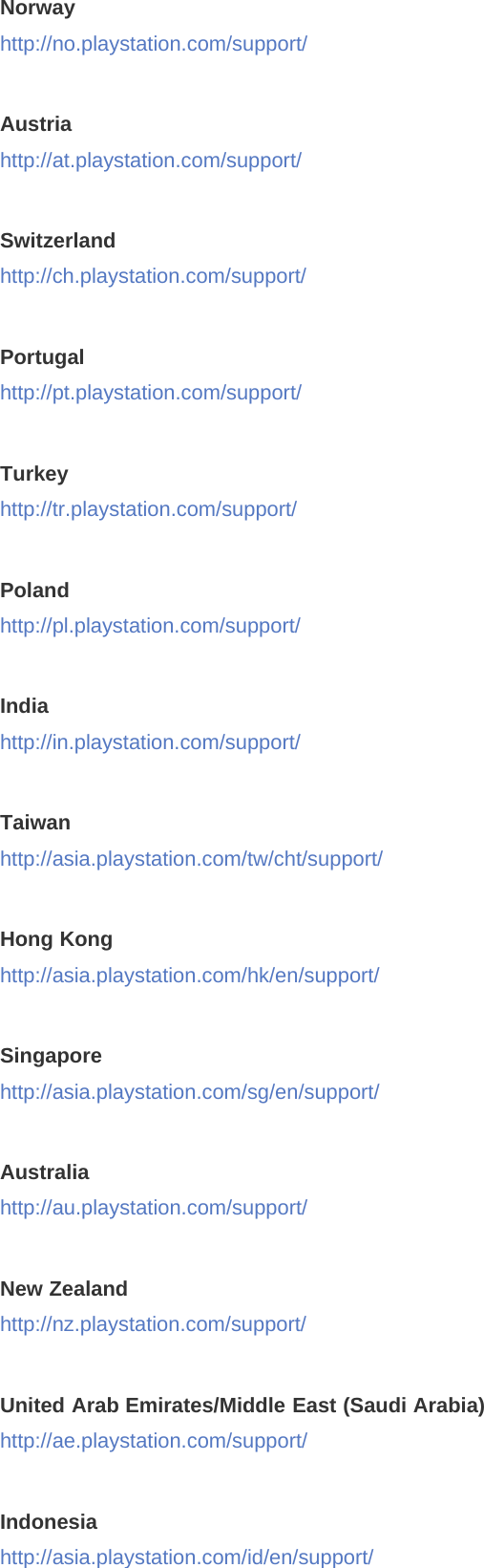 Norwayhttp://no.playstation.com/support/Austriahttp://at.playstation.com/support/Switzerlandhttp://ch.playstation.com/support/Portugalhttp://pt.playstation.com/support/Turkeyhttp://tr.playstation.com/support/Polandhttp://pl.playstation.com/support/Indiahttp://in.playstation.com/support/Taiwanhttp://asia.playstation.com/tw/cht/support/Hong Konghttp://asia.playstation.com/hk/en/support/Singaporehttp://asia.playstation.com/sg/en/support/Australiahttp://au.playstation.com/support/New Zealandhttp://nz.playstation.com/support/United Arab Emirates/Middle East (Saudi Arabia)http://ae.playstation.com/support/Indonesiahttp://asia.playstation.com/id/en/support/