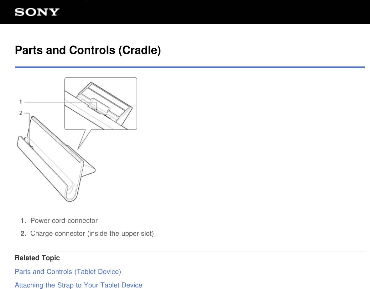 Parts and Controls (Cradle)1.  Power cord connector2.  Charge connector (inside the upper slot)Related TopicParts and Controls (Tablet Device)Attaching the Strap to Your Tablet Device