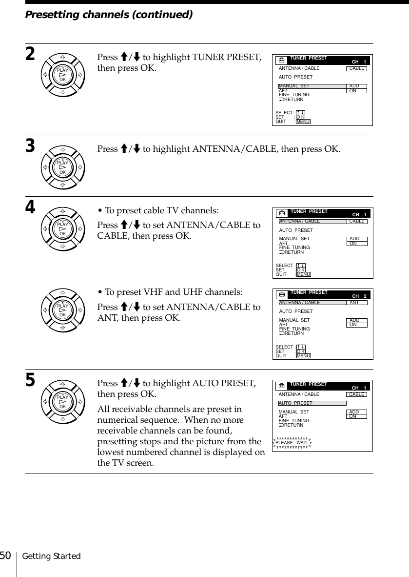 Getting Started50Presetting channels (continued)2Press &gt;/. to highlight TUNER PRESET,then press OK.3Press &gt;/. to highlight ANTENNA/CABLE, then press OK.4• To preset cable TV channels:Press &gt;/. to set ANTENNA/CABLE toCABLE, then press OK.• To preset VHF and UHF channels:Press &gt;/. to set ANTENNA/CABLE toANT, then press OK.5Press &gt;/. to highlight AUTO PRESET,then press OK.All receivable channels are preset innumerical sequence.  When no morereceivable channels can be found,presetting stops and the picture from thelowest numbered channel is displayed onthe TV screen.OKPLAYOKPLAYOKPLAYOKPLAYNRETURNANTENNA / CABLE     AUTO  PRESETAFT FINE  TUNINGMANUAL  SETCABLE ADDONSELECTSETQUIT:::TUNER  PRESET CH 1O KMENUnnNRETURNANTENNA / CABLE     AUTO  PRESETAFT FINE  TUNINGMANUAL  SETANTADDONSELECTSETQUIT:::TUNER  PRESET CH 2O KMENUnnNRETURNANTENNA / CABLE     AUTO  PRESETAFT FINE  TUNINGMANUAL  SETCABLE  ADDONTUNER  PRESET CH 1PLEASE   WAITOKPLAYNRETURNANTENNA / CABLE     AUTO  PRESETAFT FINE  TUNINGMANUAL  SETCABLE  ADDONSELECTSETQUIT:::TUNER  PRESET CH 1O KMENUnn